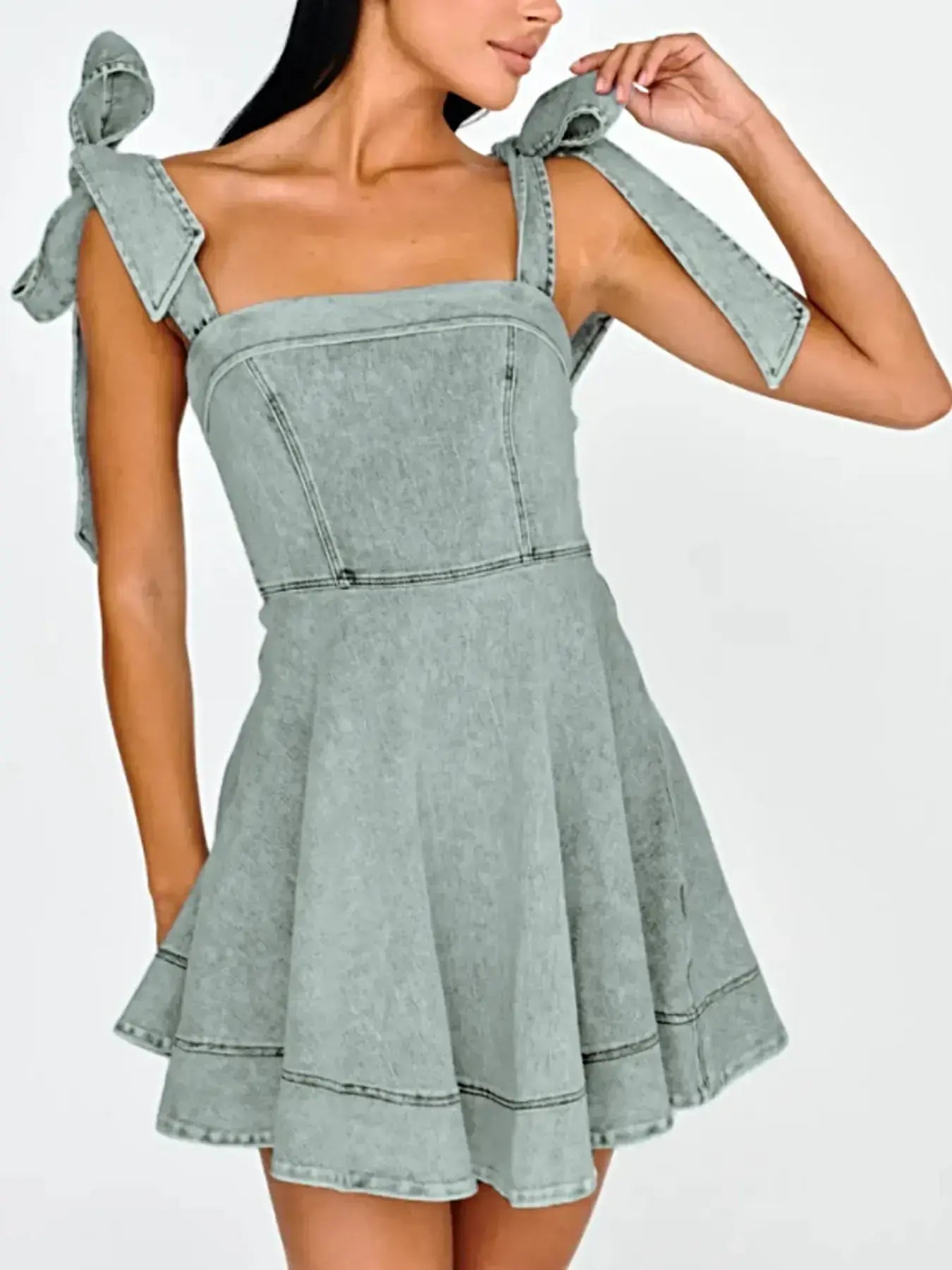 Bow-Shoulder Square Neck Denim Mini Dress -