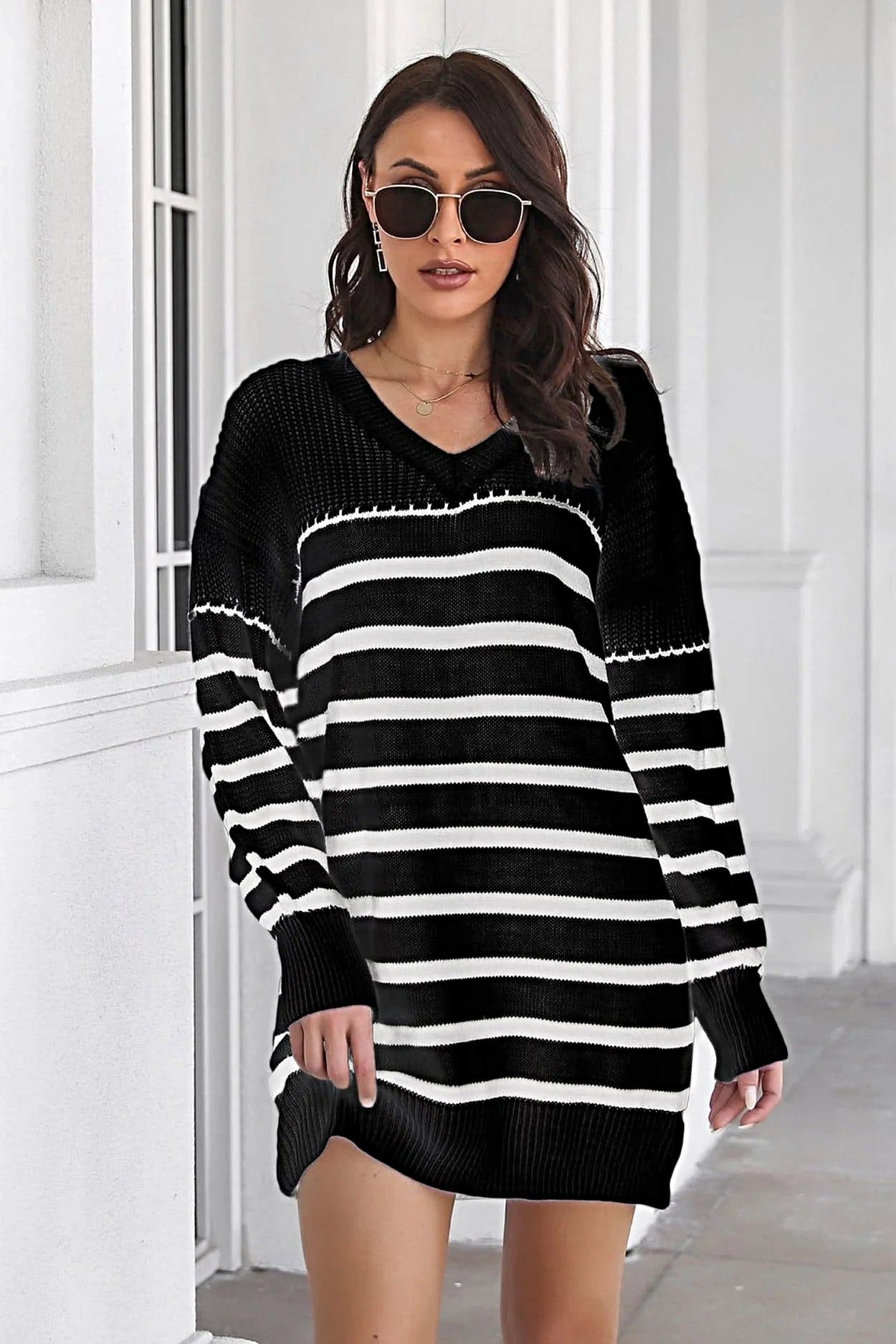 Striped V-Neck Drop Shulder Sweater Dress -