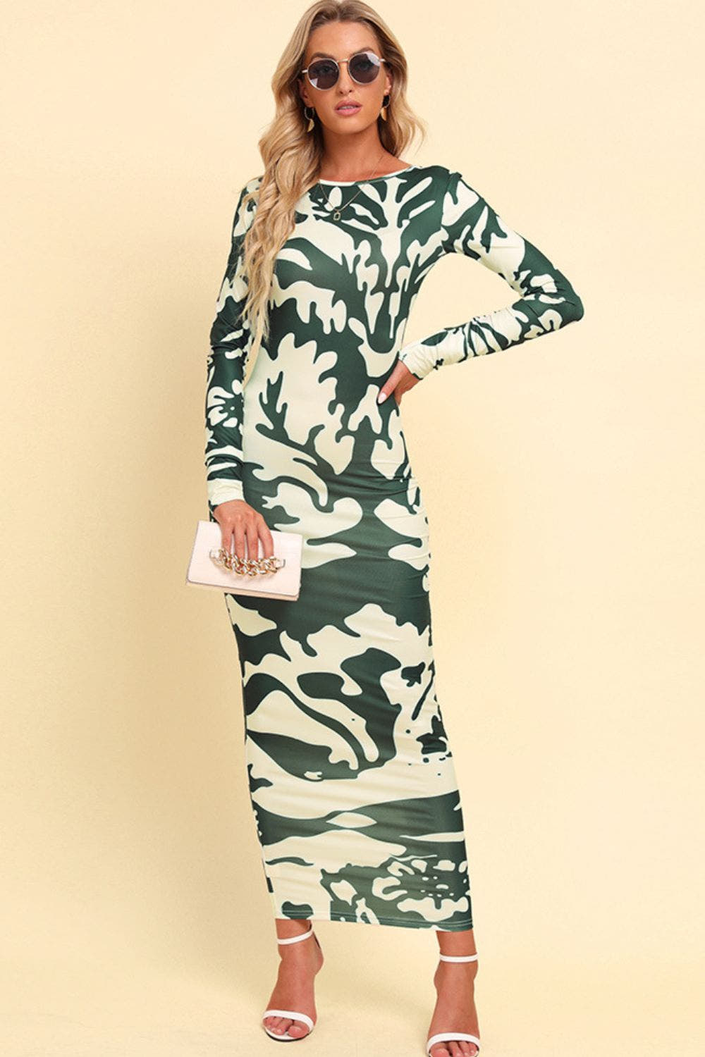 Printed Backless Long Sleeve Maxi Dress -