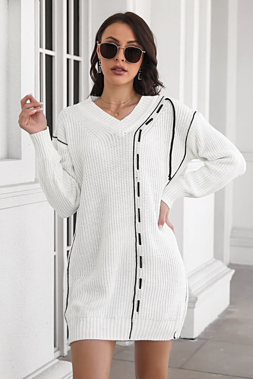 Elegant V-Neck Sweater Dress with Ribbed Long Sleeves - Casual Mini Length in 100% Acrylic Trendsi