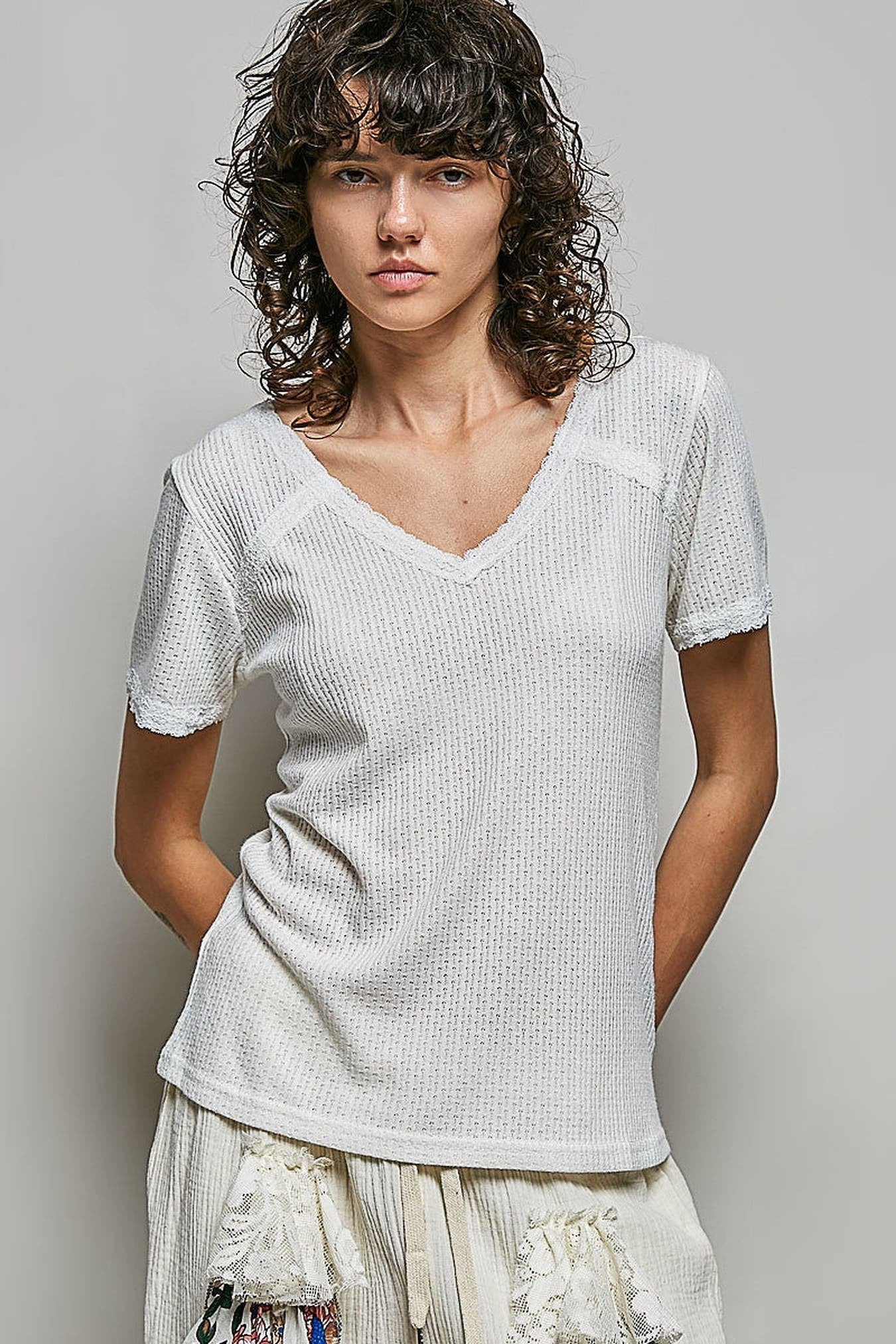 POL Lace Detail V-Neck Short Sleeve Textured T-Shirt -