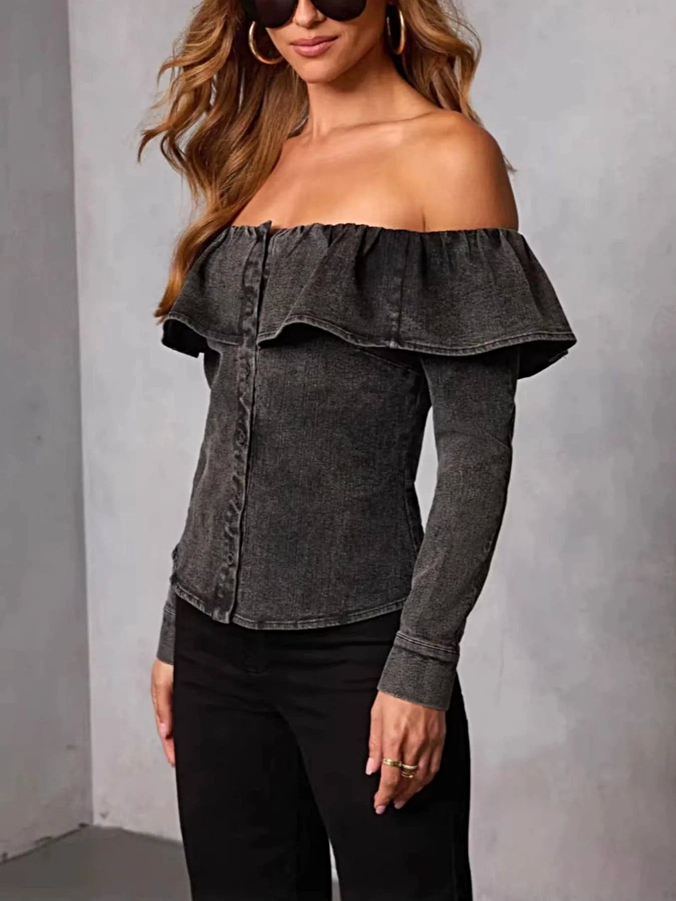 Off-Shoulder Ruffled Denim Top -