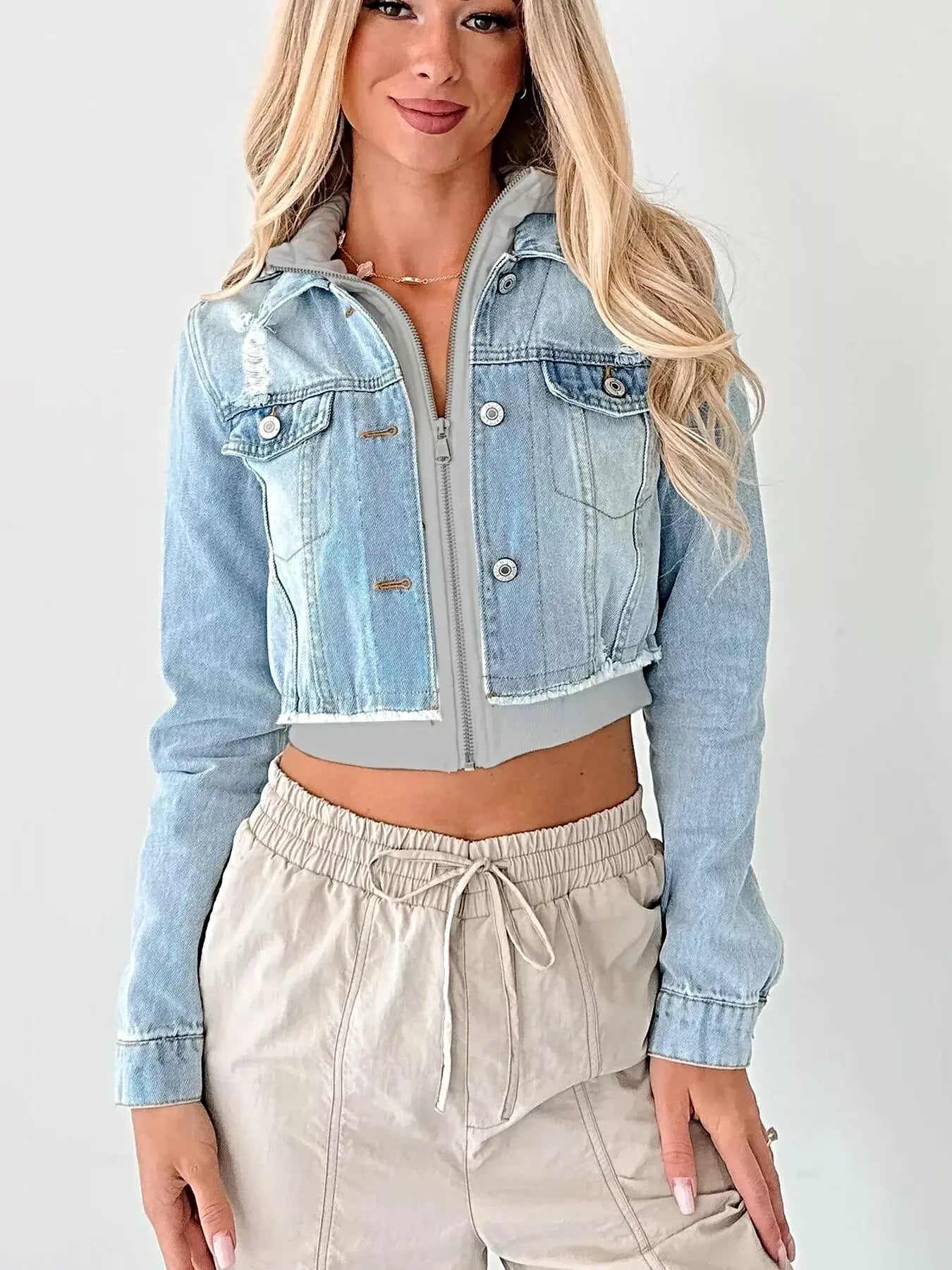 Distressed Zip Up Cropped Hooded Denim Jacket -