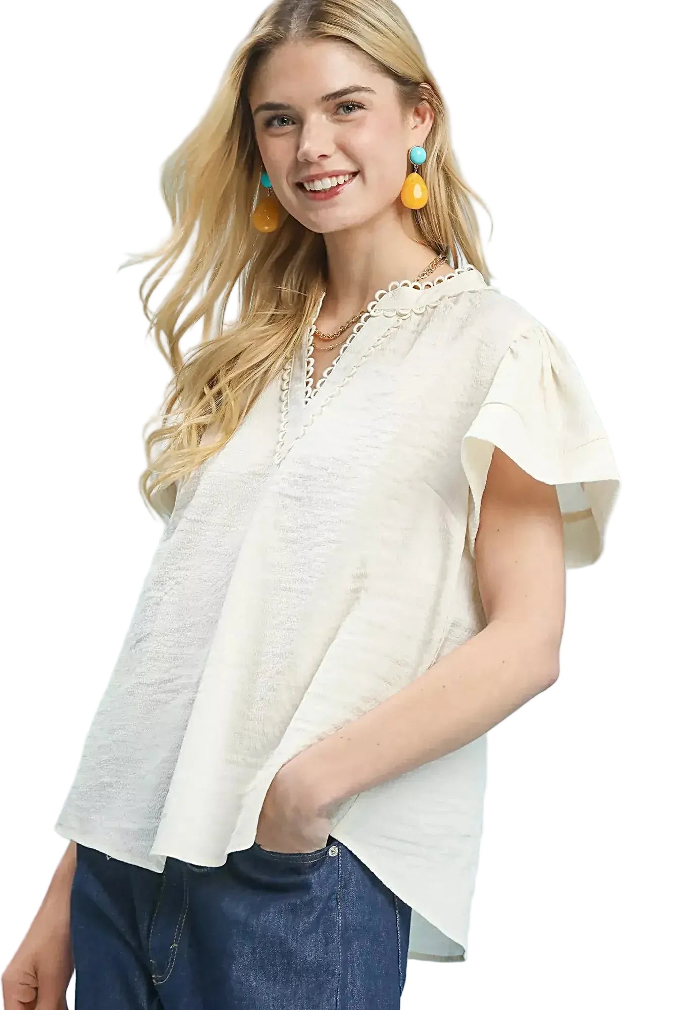 Umgee Seersucker Short Sleeve Top with Lace Trim -