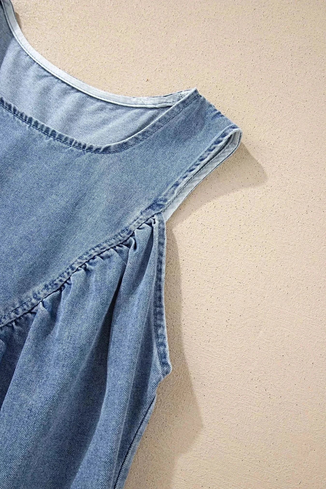 Denim Pleated Patchwork Sleeveless Top -