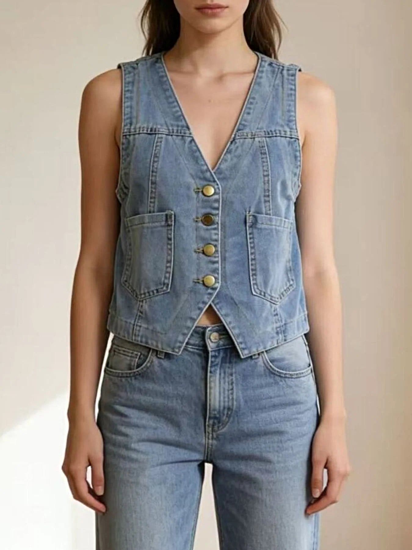 Plus Size Button-Down Denim Vest -