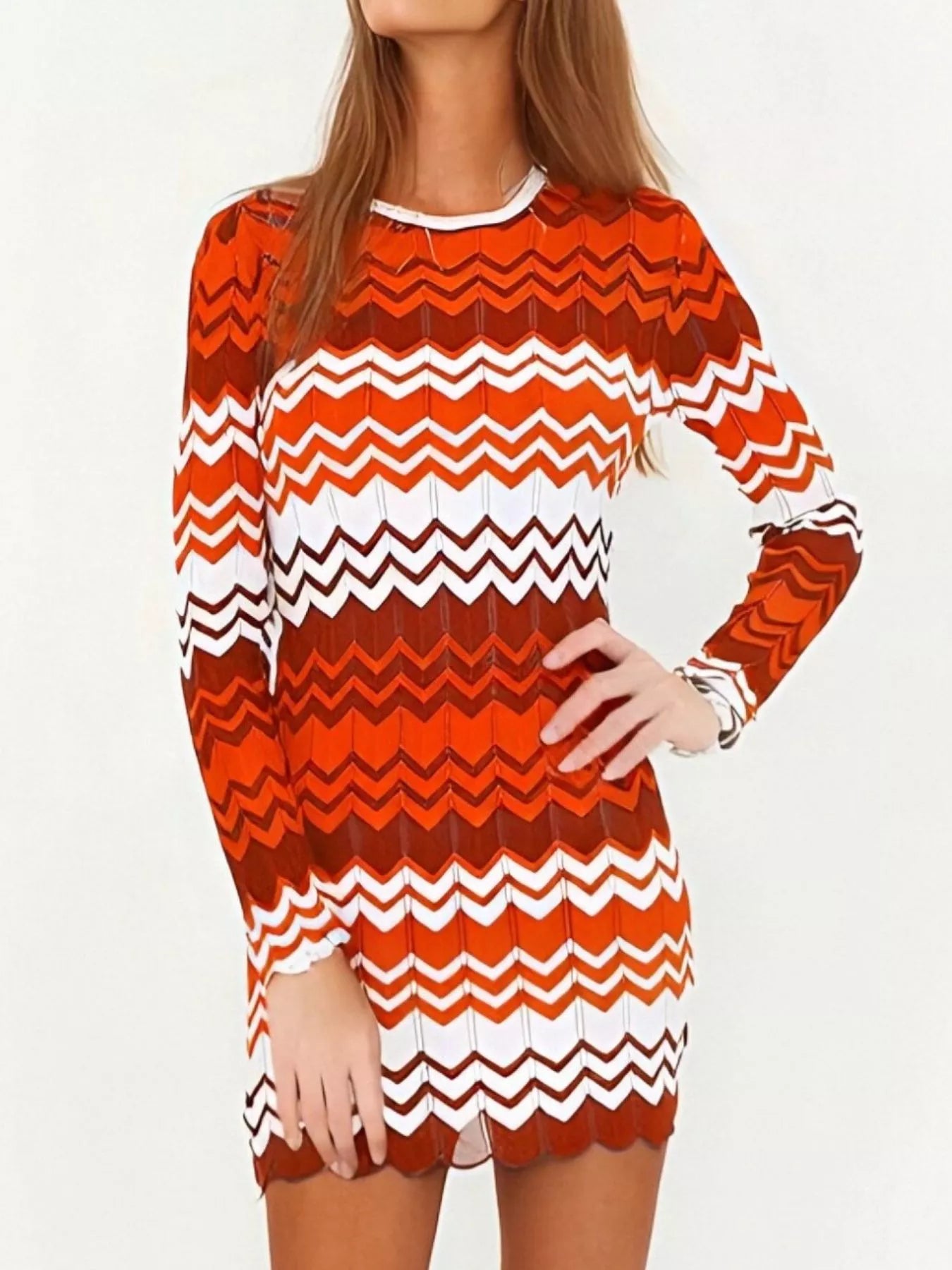 Openwork Wave Pattern Long Sleeve Sweater Dress -
