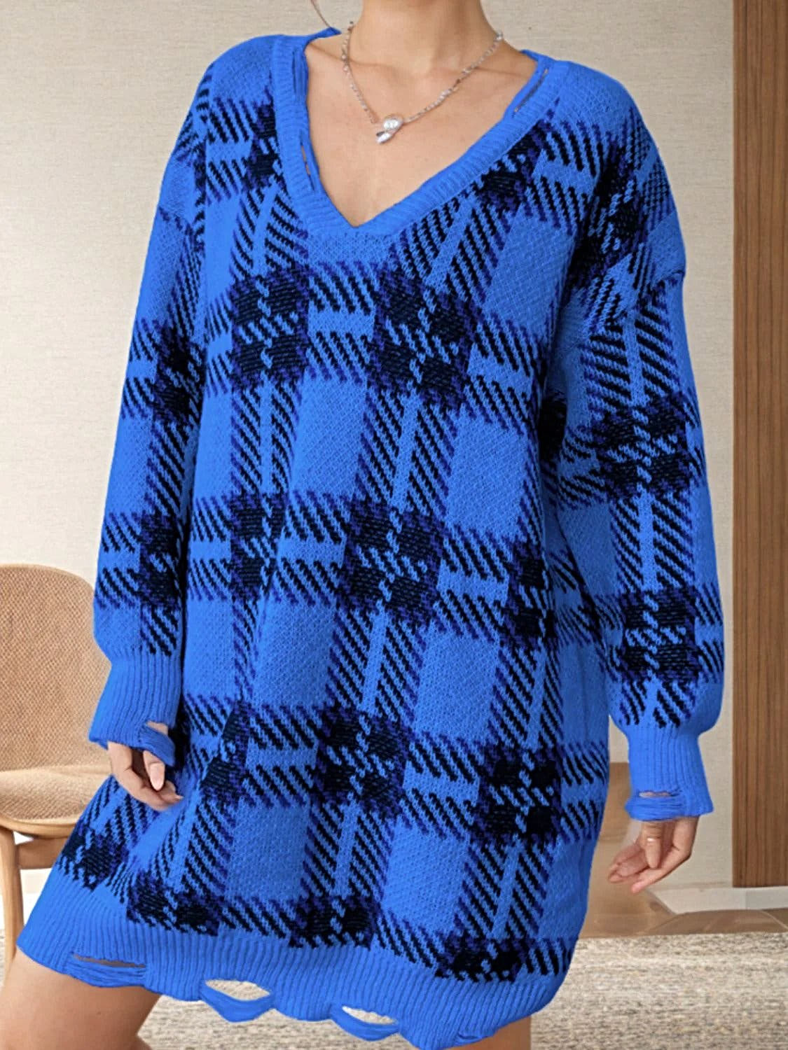 Distressed Plaid Sweater Dress with V-Neck and Long Sleeves - Trendy Comfort in One Size Trendsi