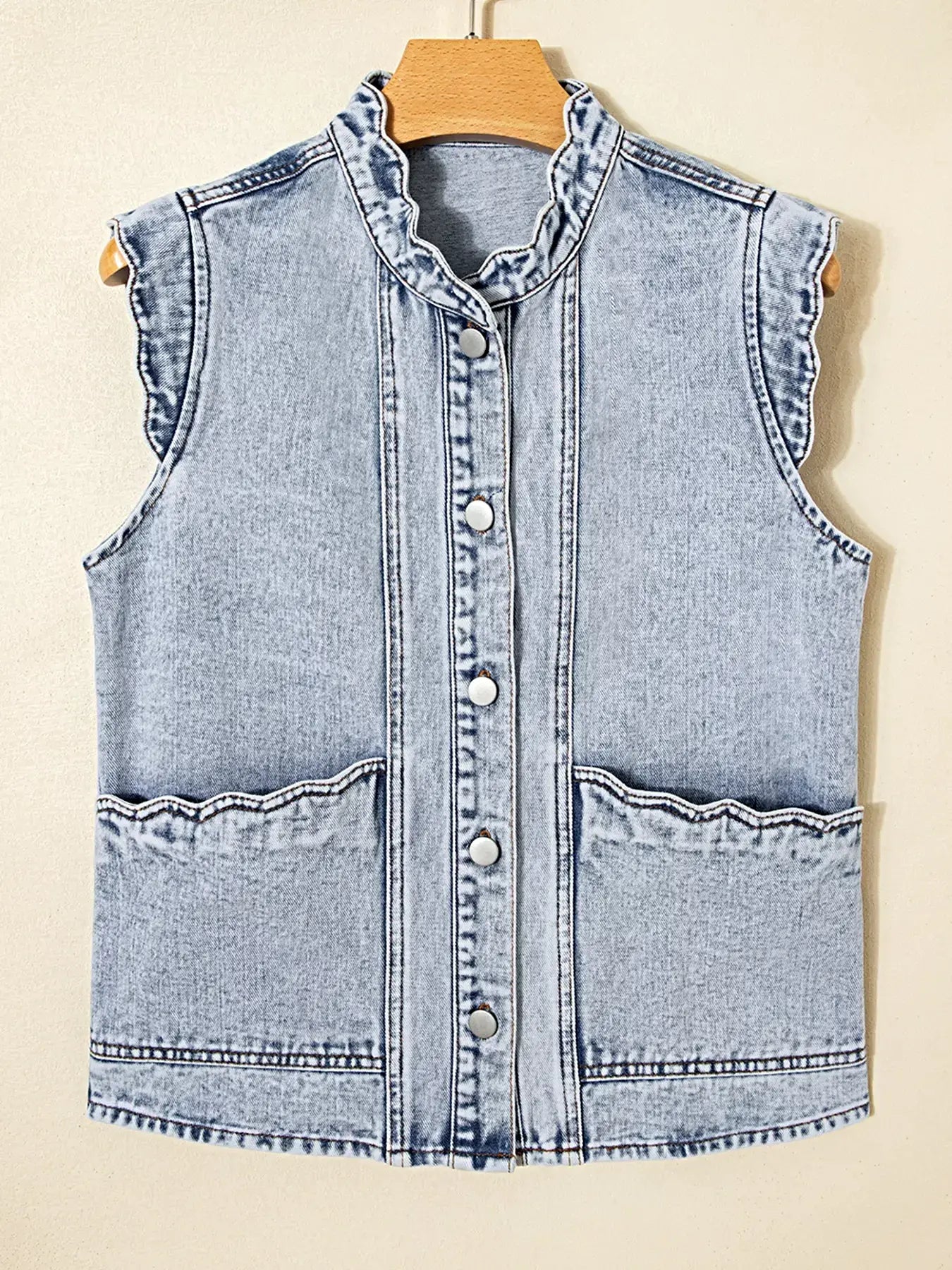 Scalloped Trim Patch Pocket Button Front Denim Vest -