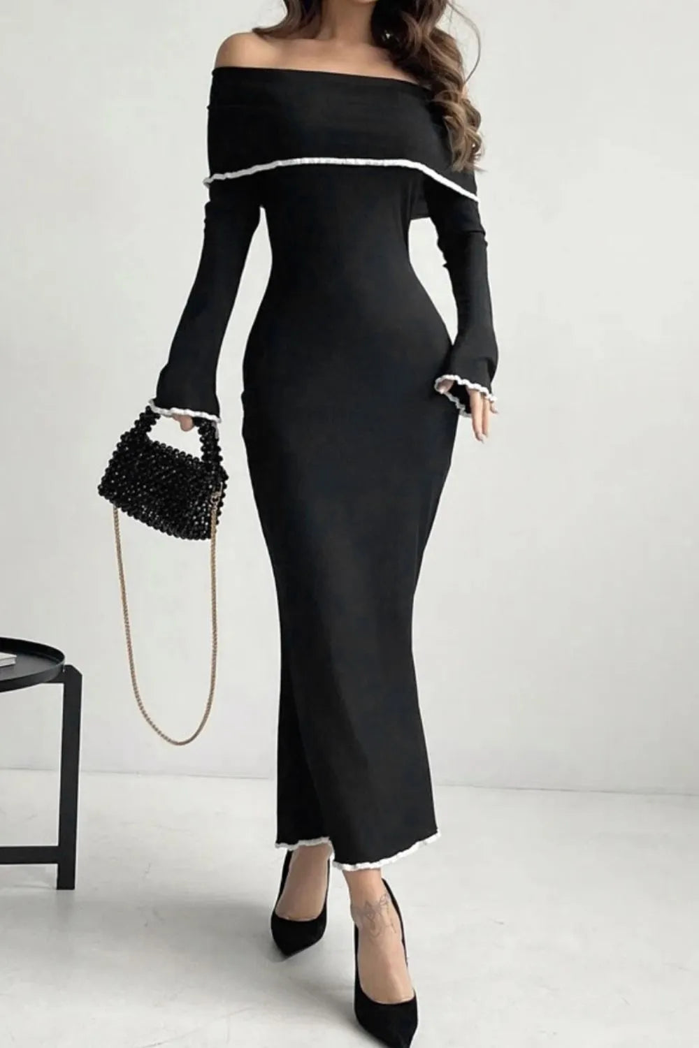 Contrast Trim Off-Shoulder Long Sleeve Maxi Sweater Dress -