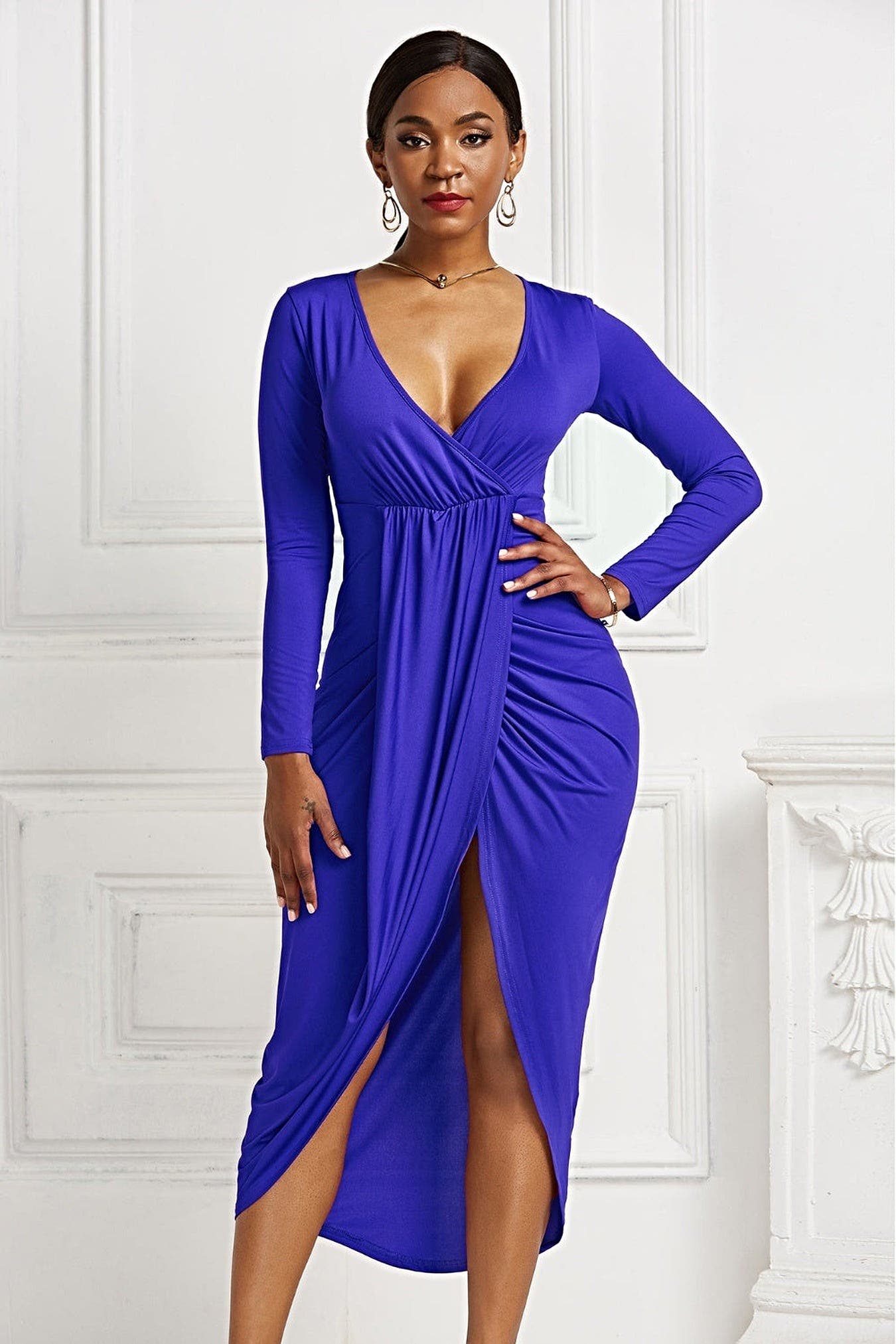 High-low Ruched Surplice Long Sleeve Dress -