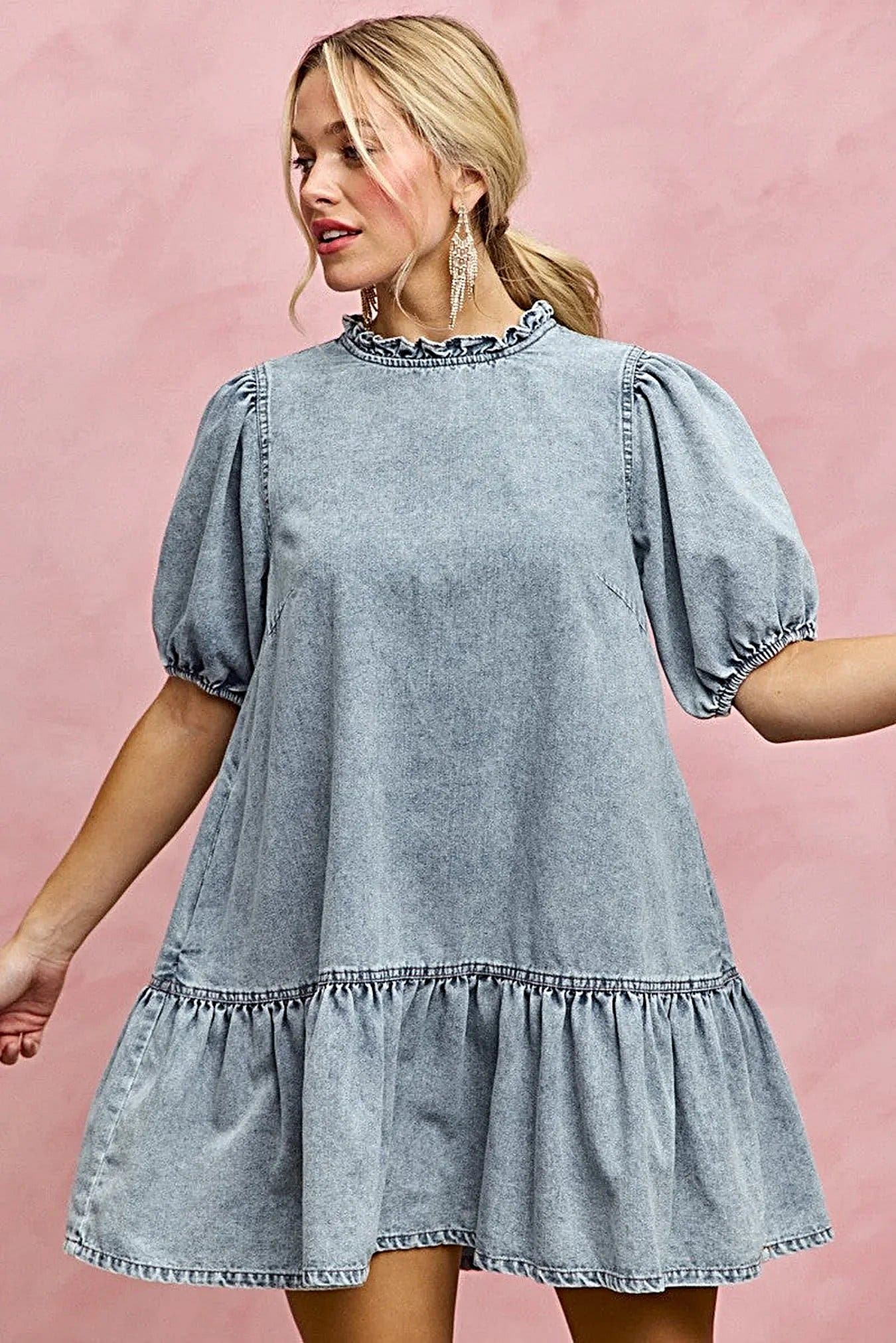 SO ME Denim Short Sleeves Mini Tiered Dress -