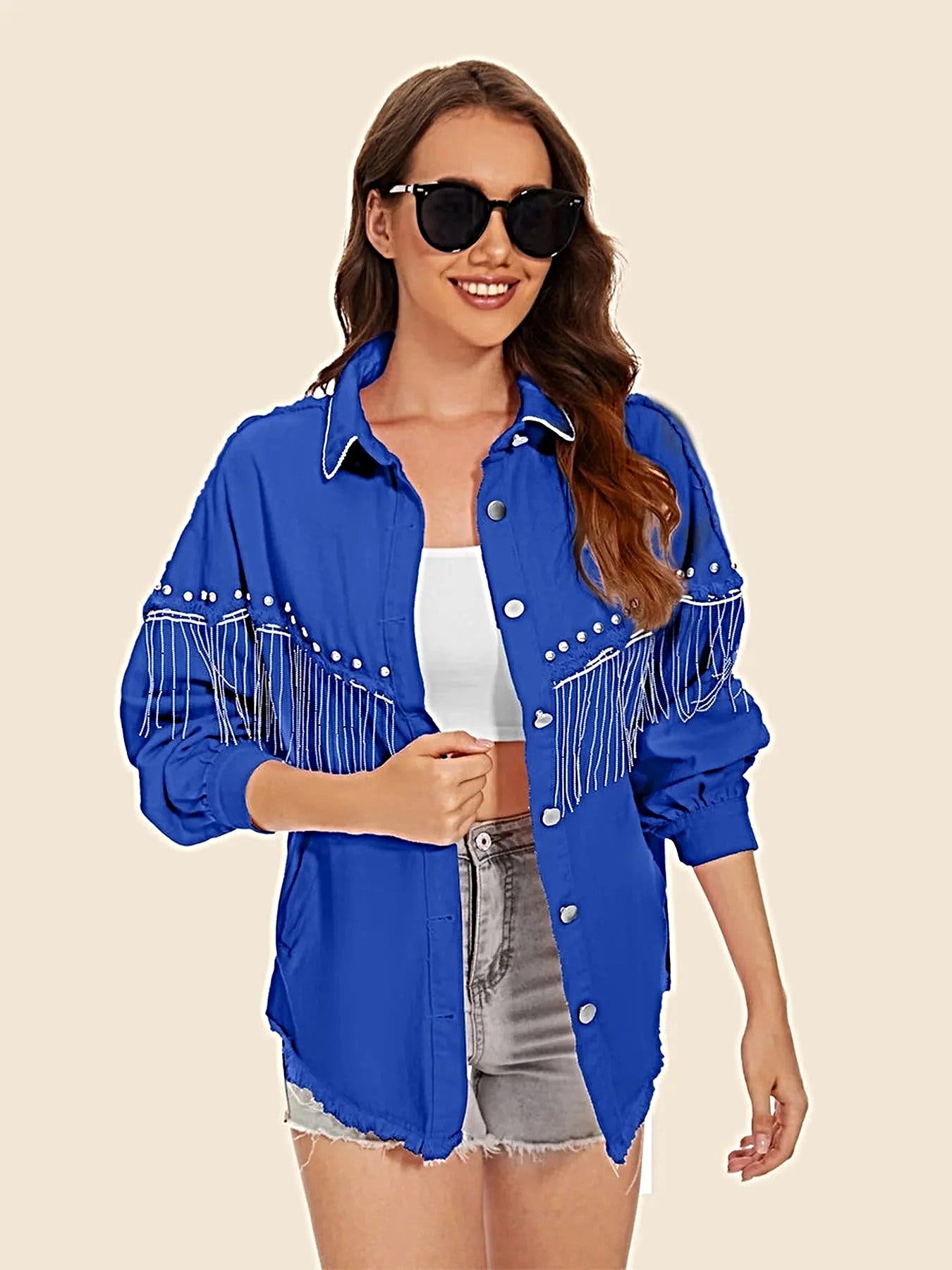 Raw Hem Fringe Detail Denim Jacket -