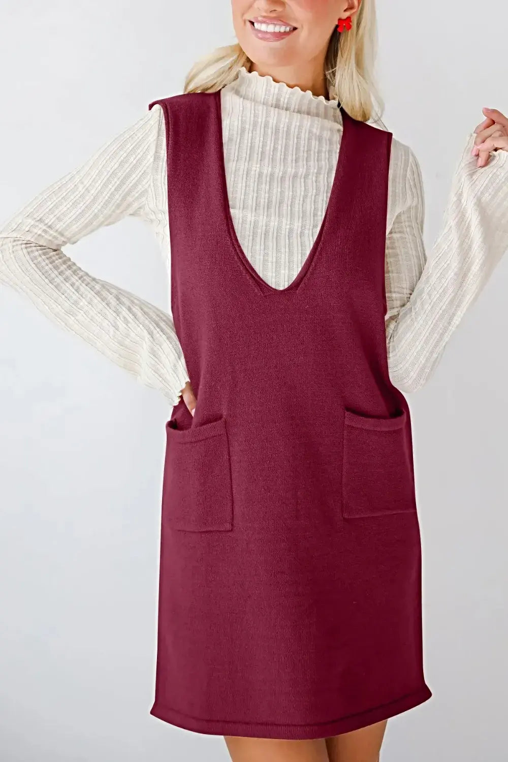 Lovelet Pocketed V-Neck Mini Sweater Overall Dress -
