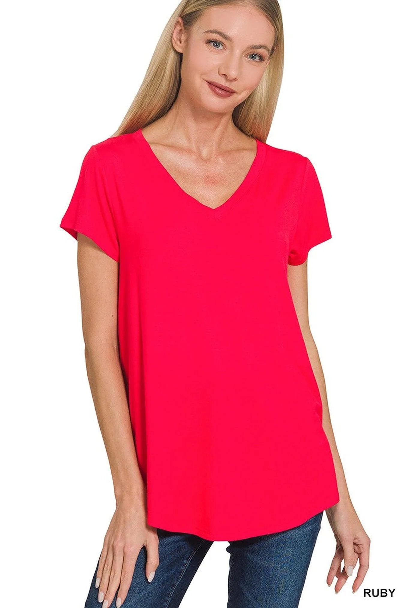Zenana Rayon Short Sleeve V-neck Round Hem Top -