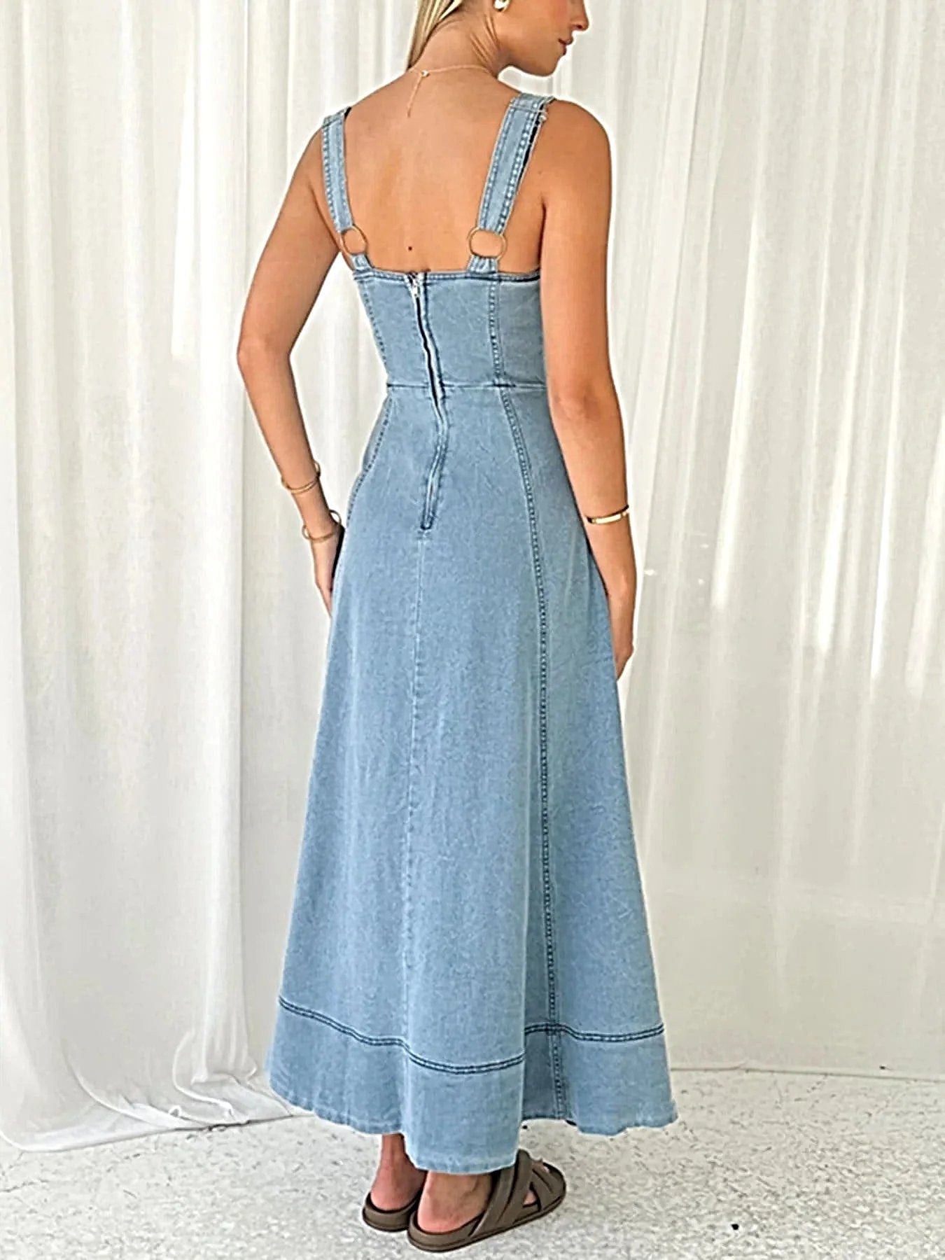 Decor Button Front A-Line Denim Dress -
