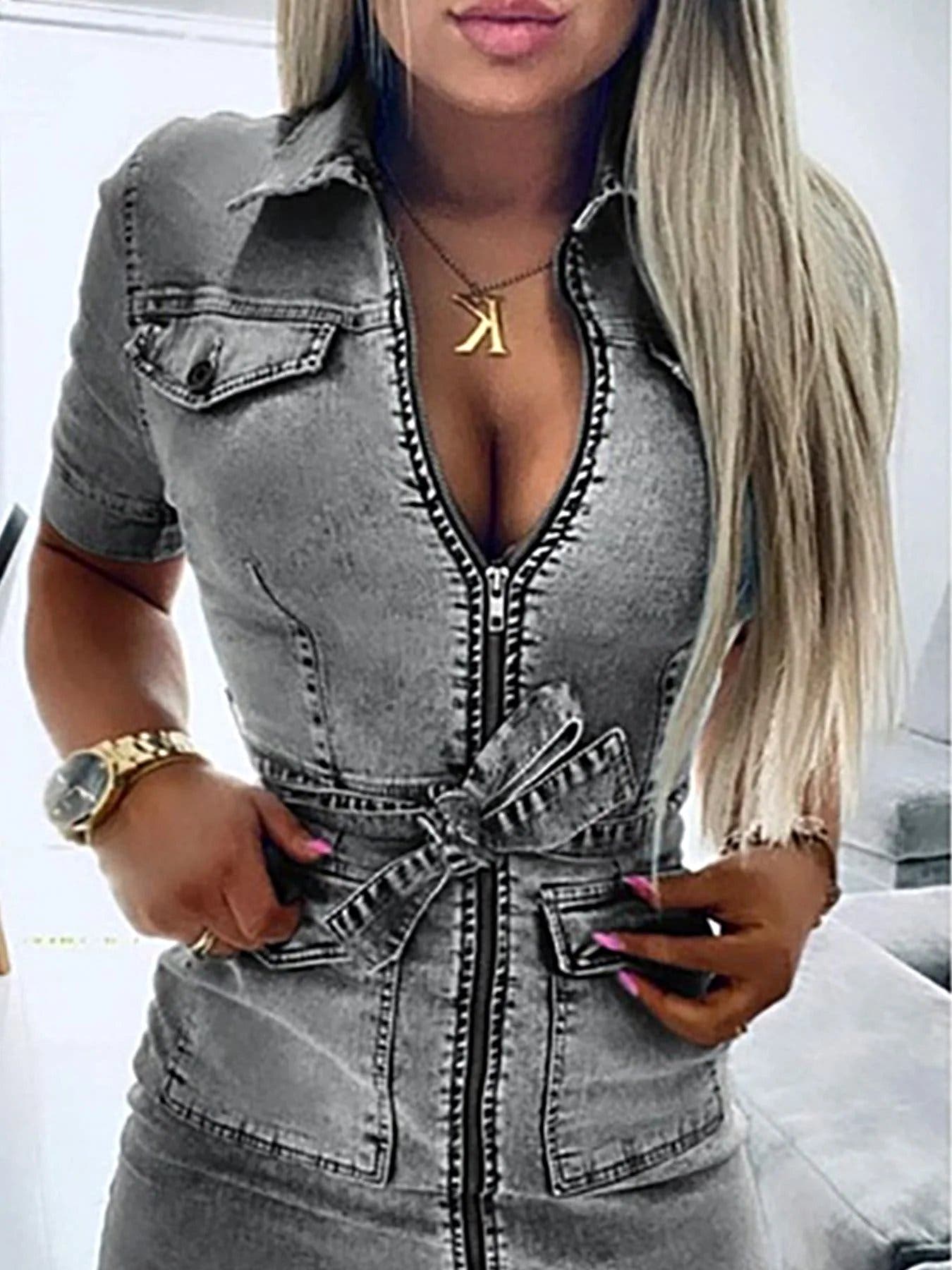Zipper Front Short Sleeve Denim Dress -