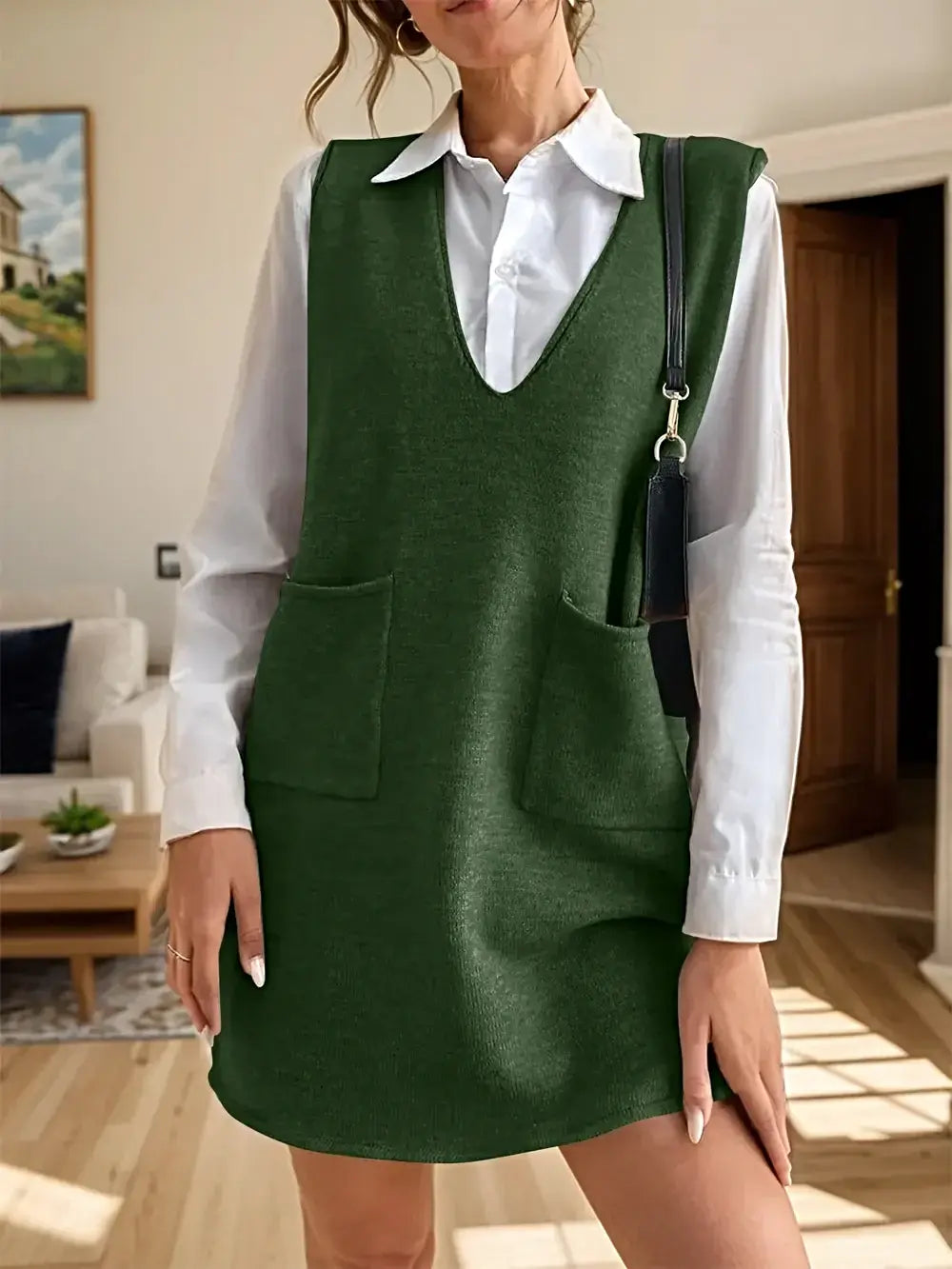 V-Neck Sleeveless Sweater Dress with Pockets -