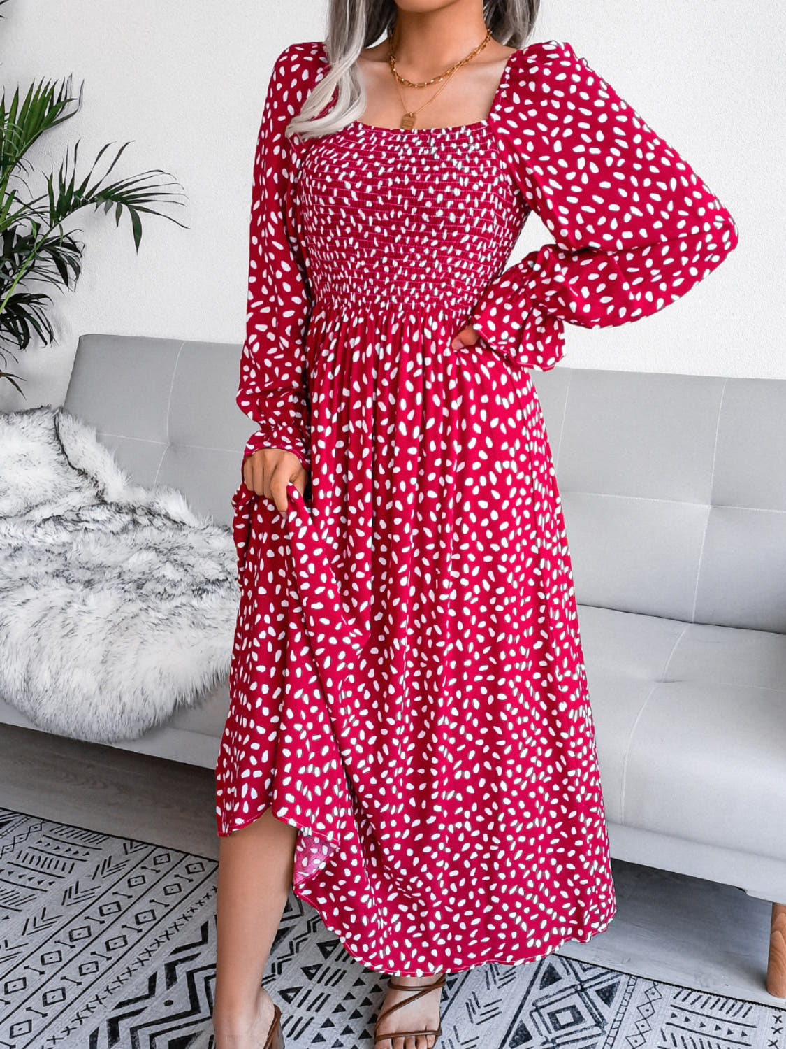 Smocked Square Neck Flounce Sleeve Dress -