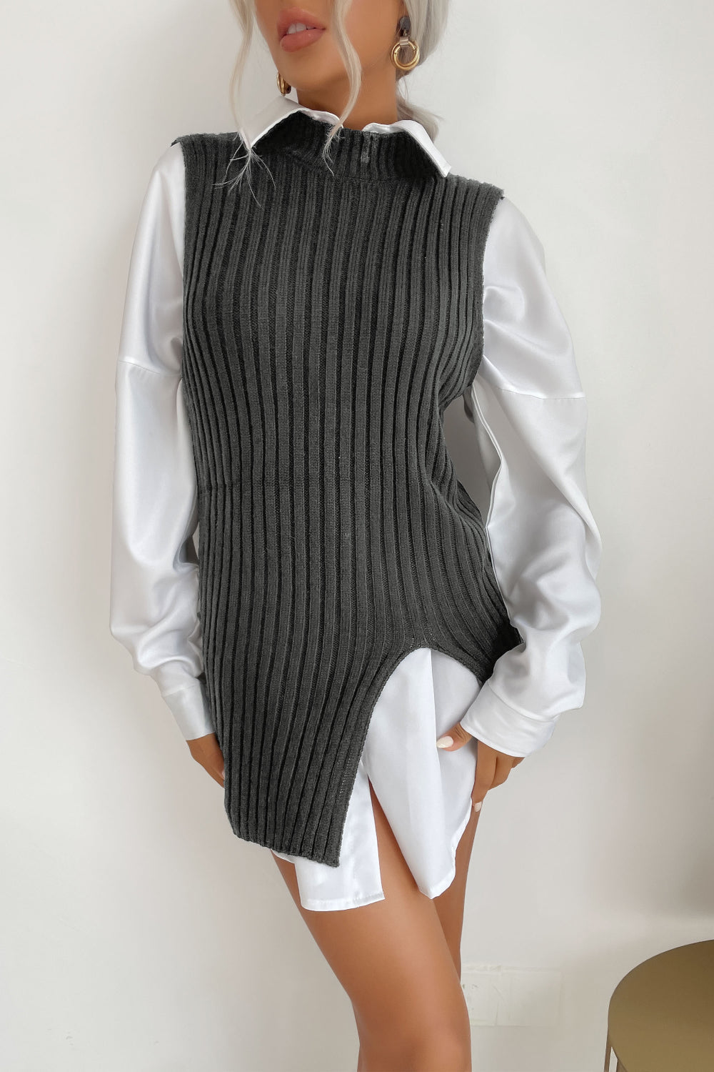 Perfee Slit Hem Sweater Vest Dress Trendsi