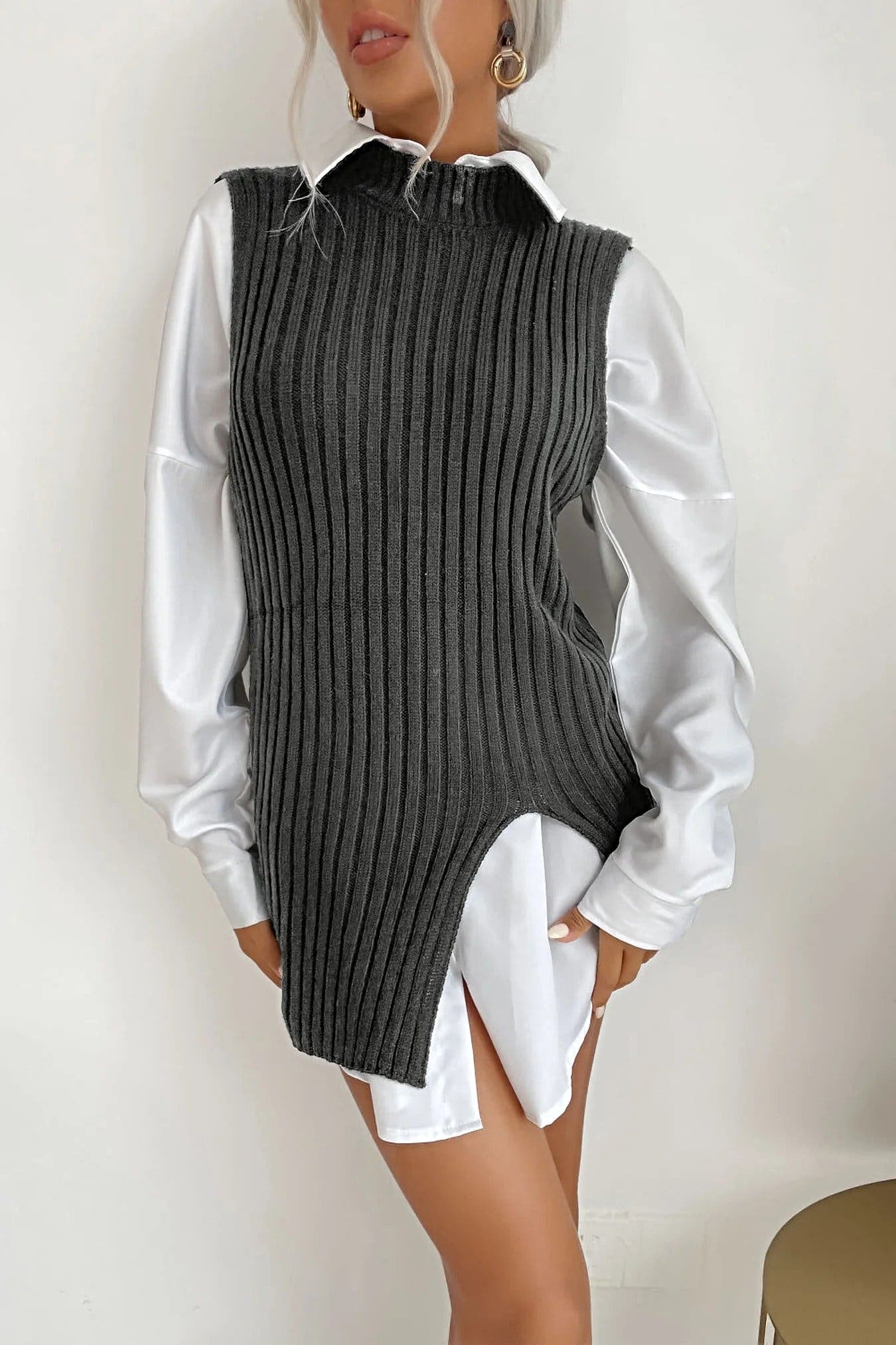 Perfee Slit Hem Sweater Vest Dress -
