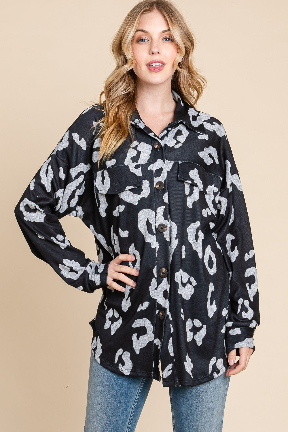 Stylish Animal Print Shacket with Button-Down Front and Pockets | Cozy Knit Layering Piece Trendsi