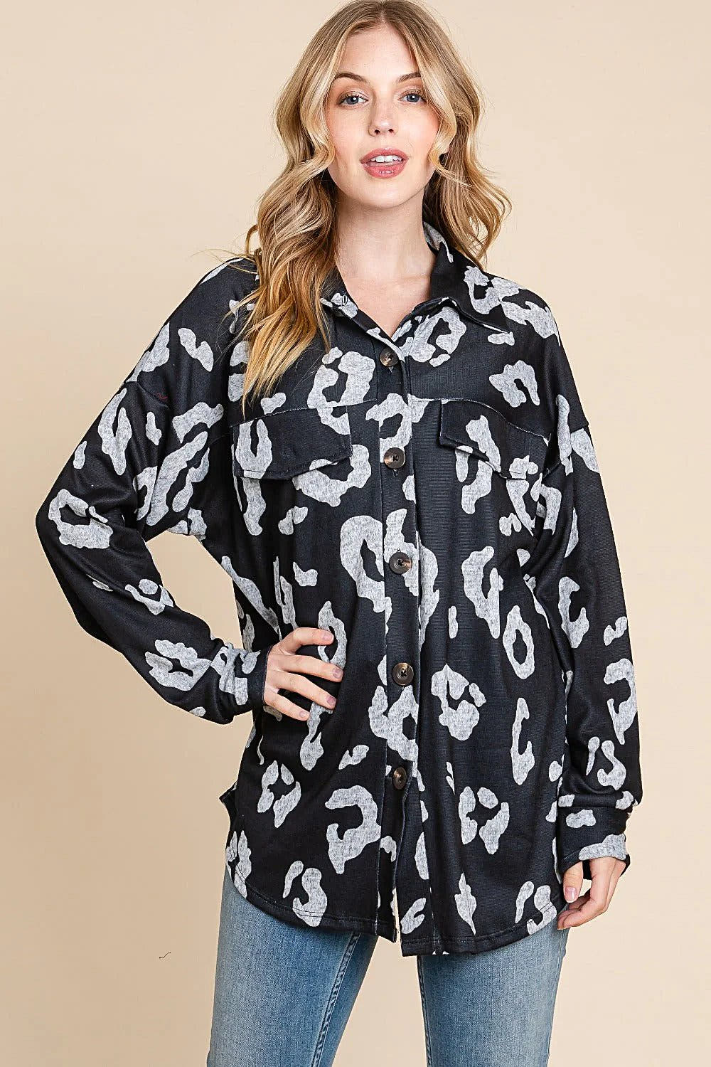 Stylish Animal Print Shacket with Button-Down Front and Pockets | Cozy Knit Layering Piece Trendsi