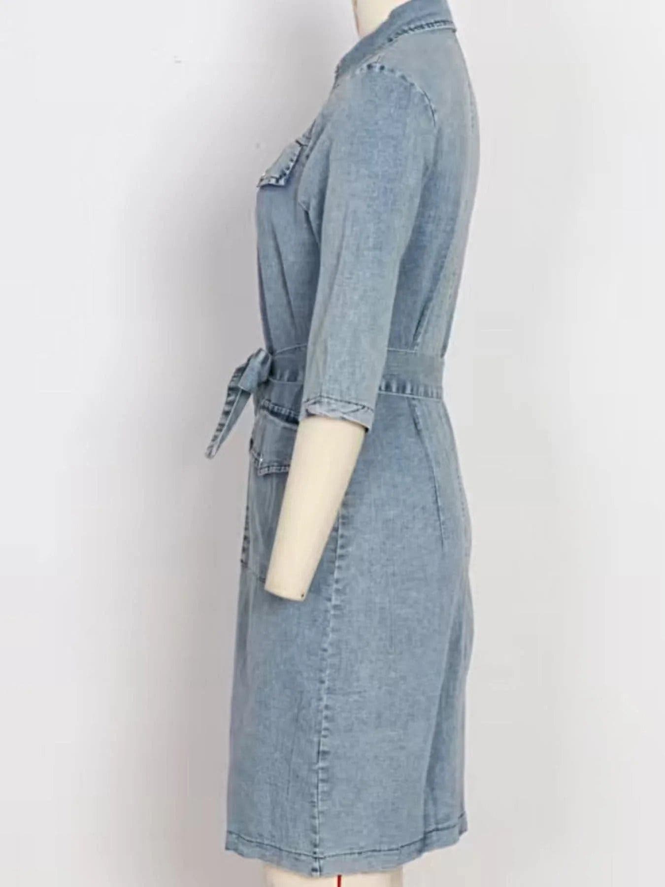 Zipper Front Short Sleeve Denim Dress -