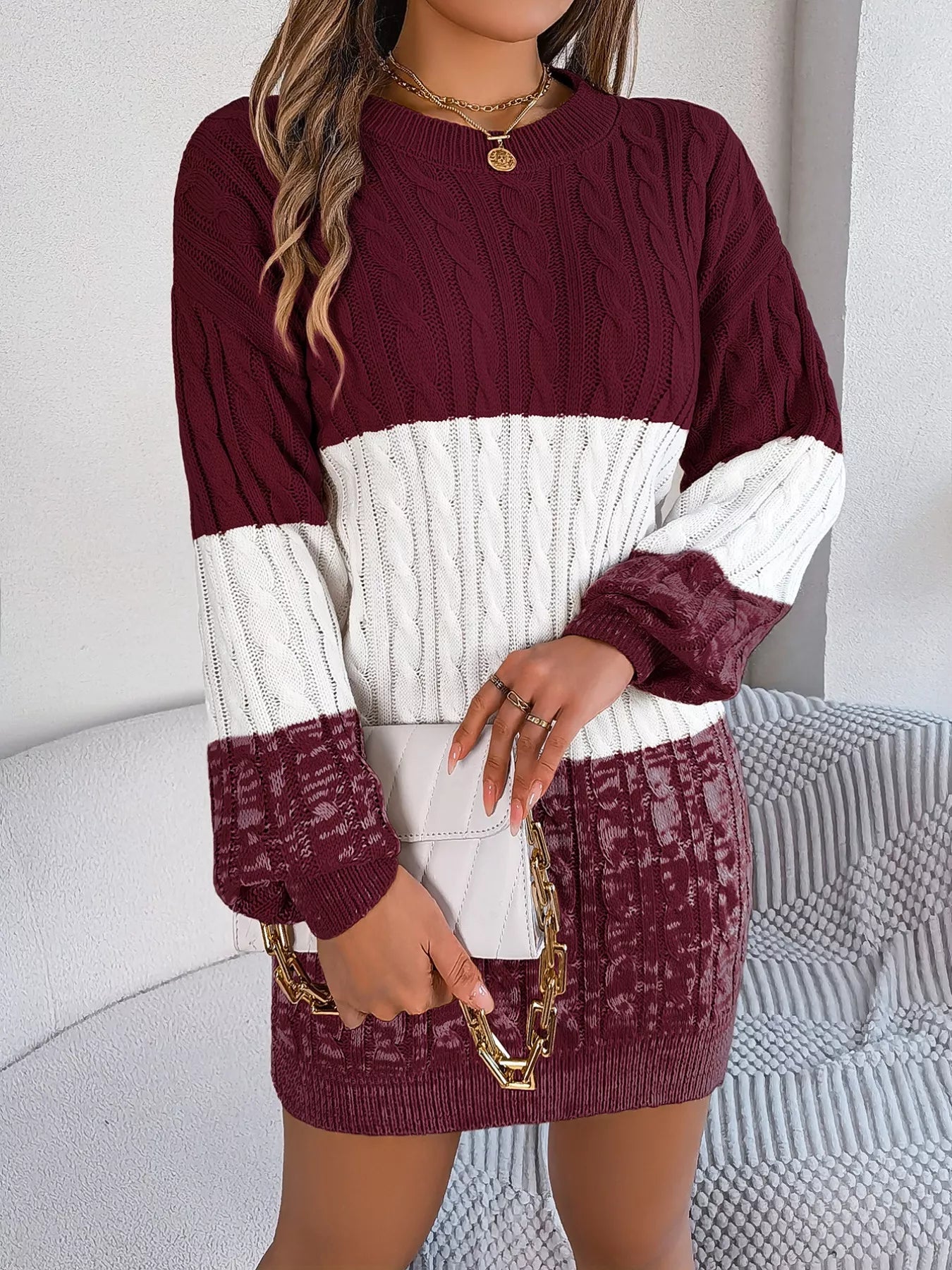 Color Block Cable Knit Sweater Dress with Textured Pattern -