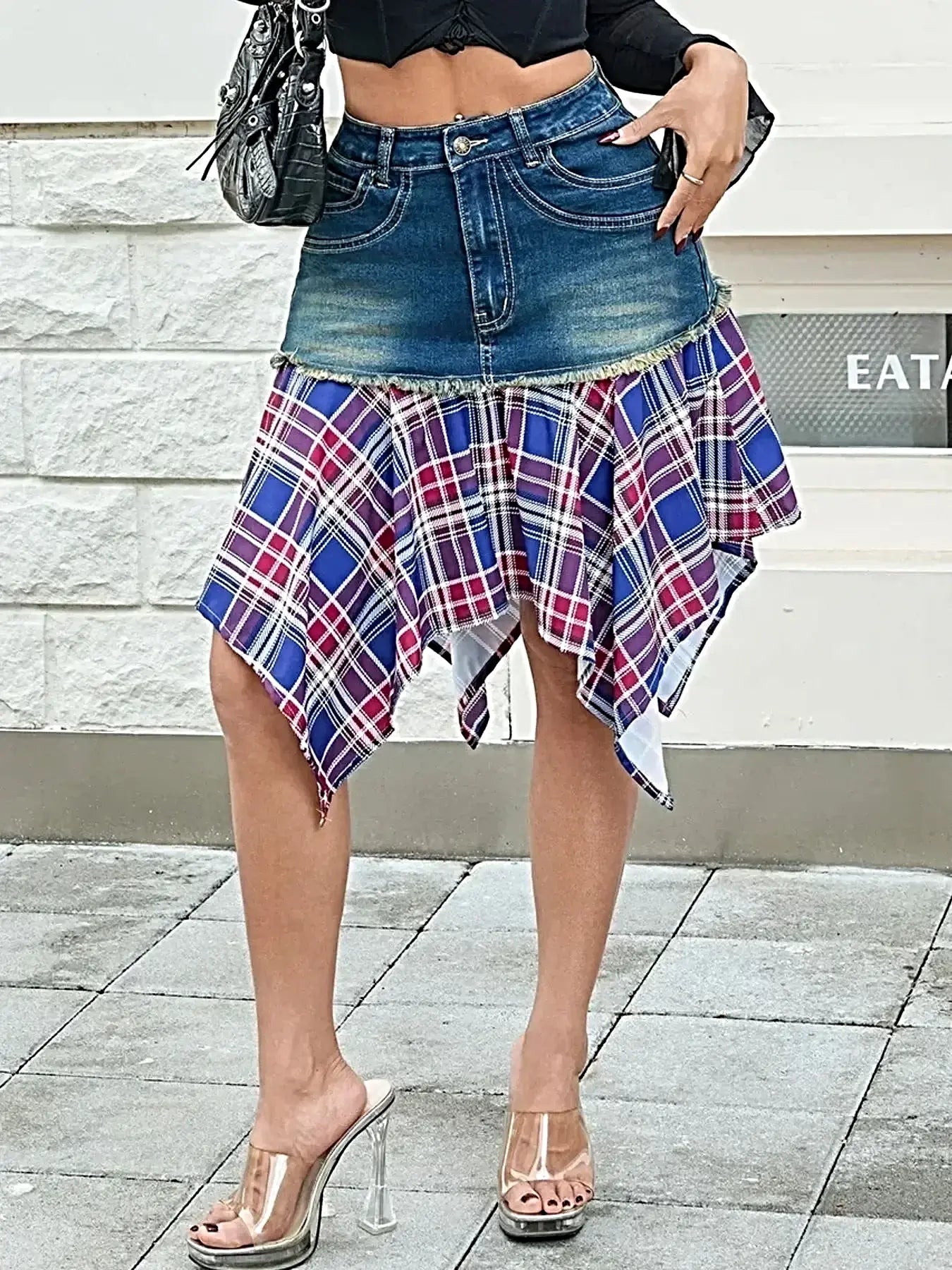 Asymmetric Plaid Hem Denim Skirt -