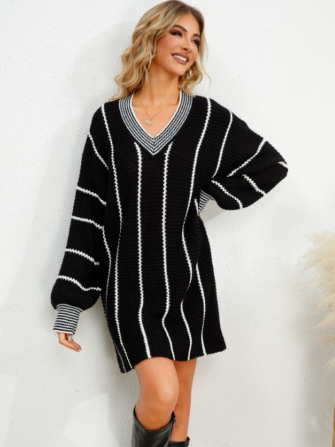 Striped V-Neck Long Sleeve Mini Dress -