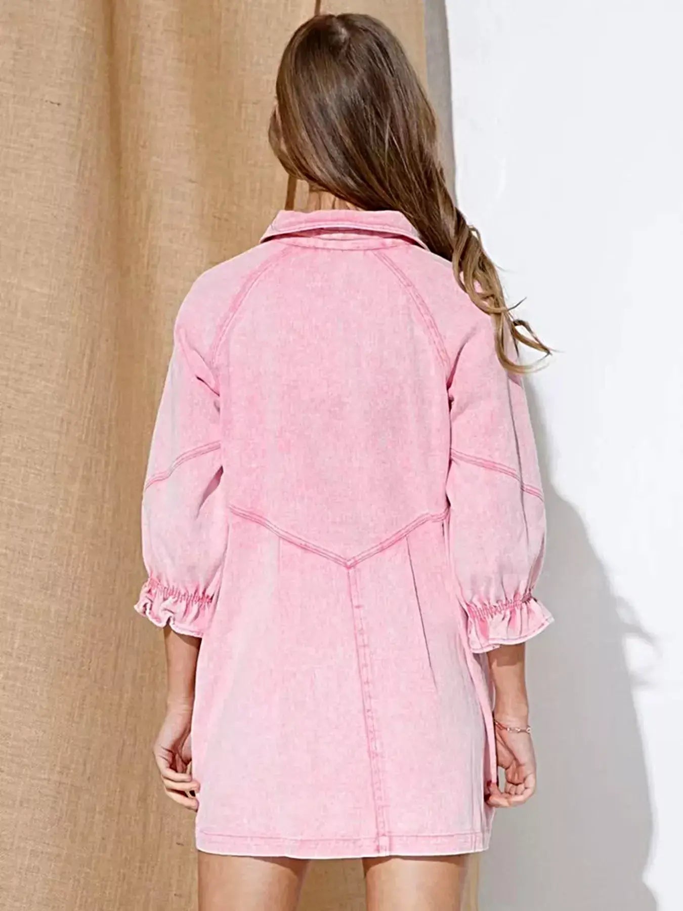 Ruffled Cuff Button-Down Denim Dress -