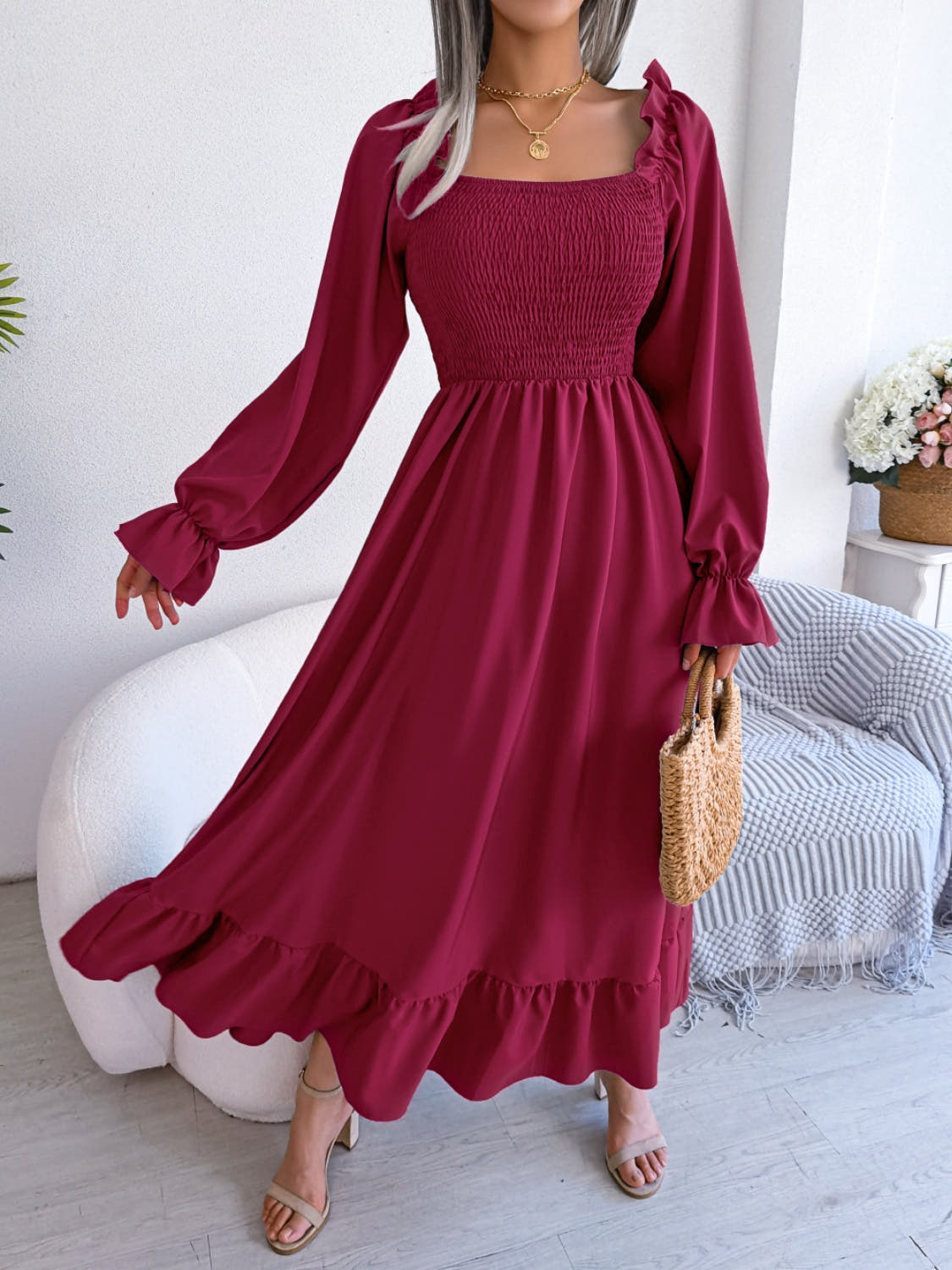 Smocked Square Neck Flounce Sleeve Dress -