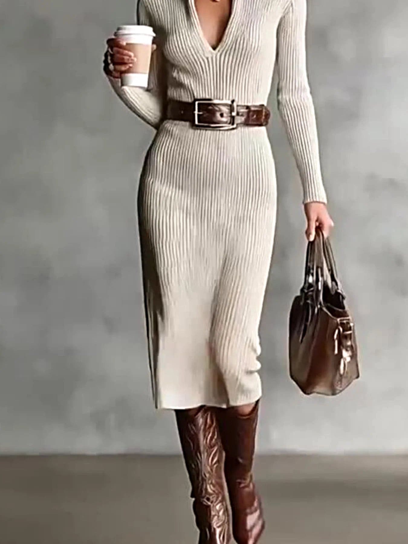 Ribbed Knit Turtleneck Bodycon Sweater Dress -