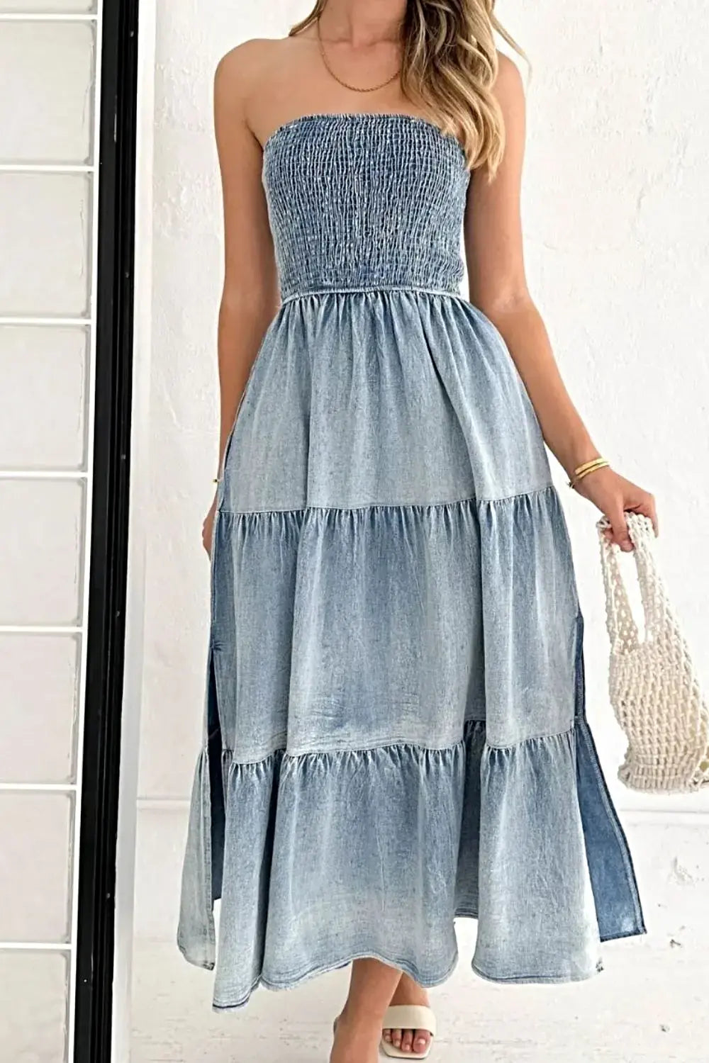 Smocked Tube Slit Tiered Denim Dress -
