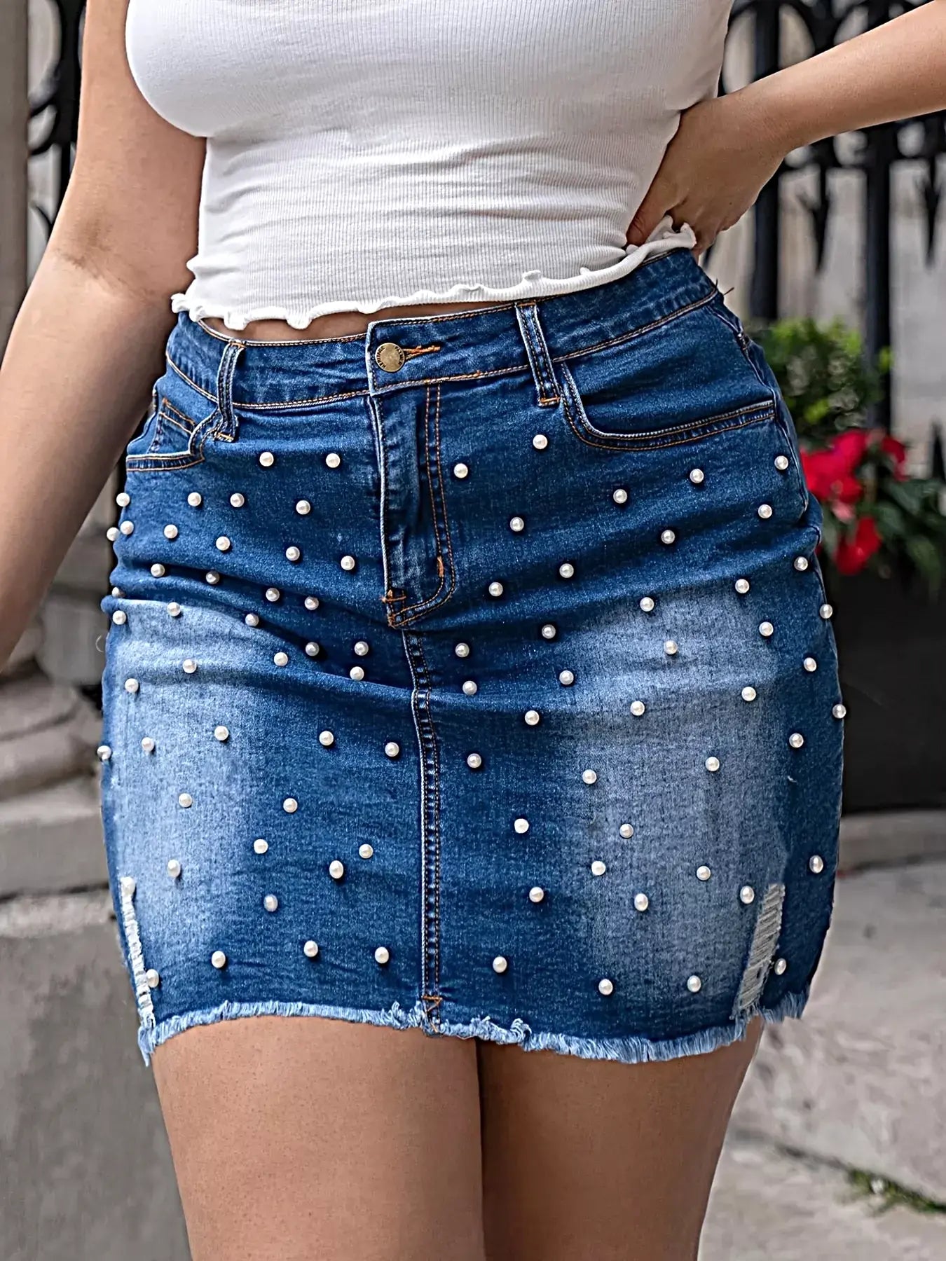 Plus Size Pearl Embellished Denim Skirt -