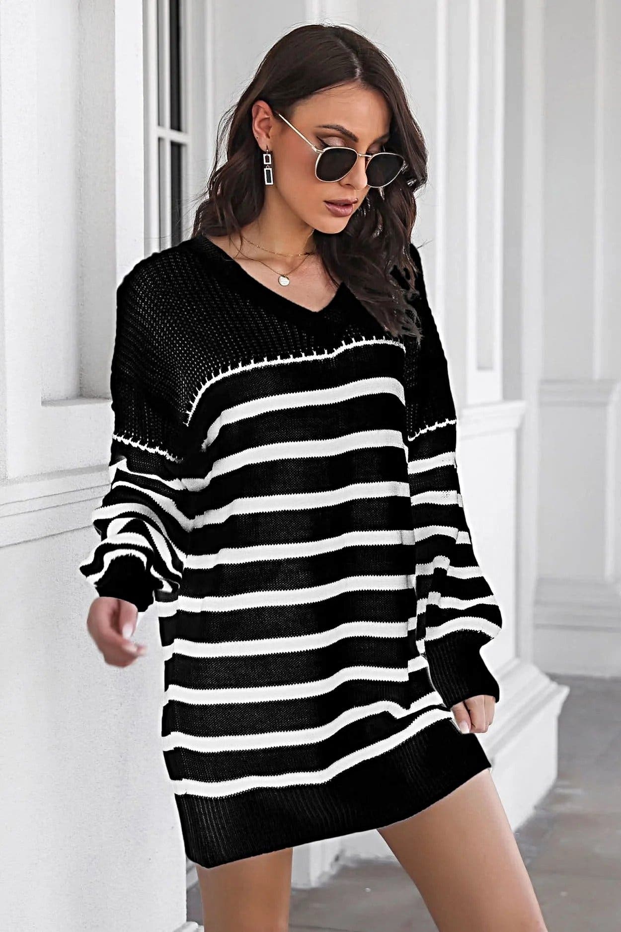 Striped V-Neck Drop Shulder Sweater Dress -