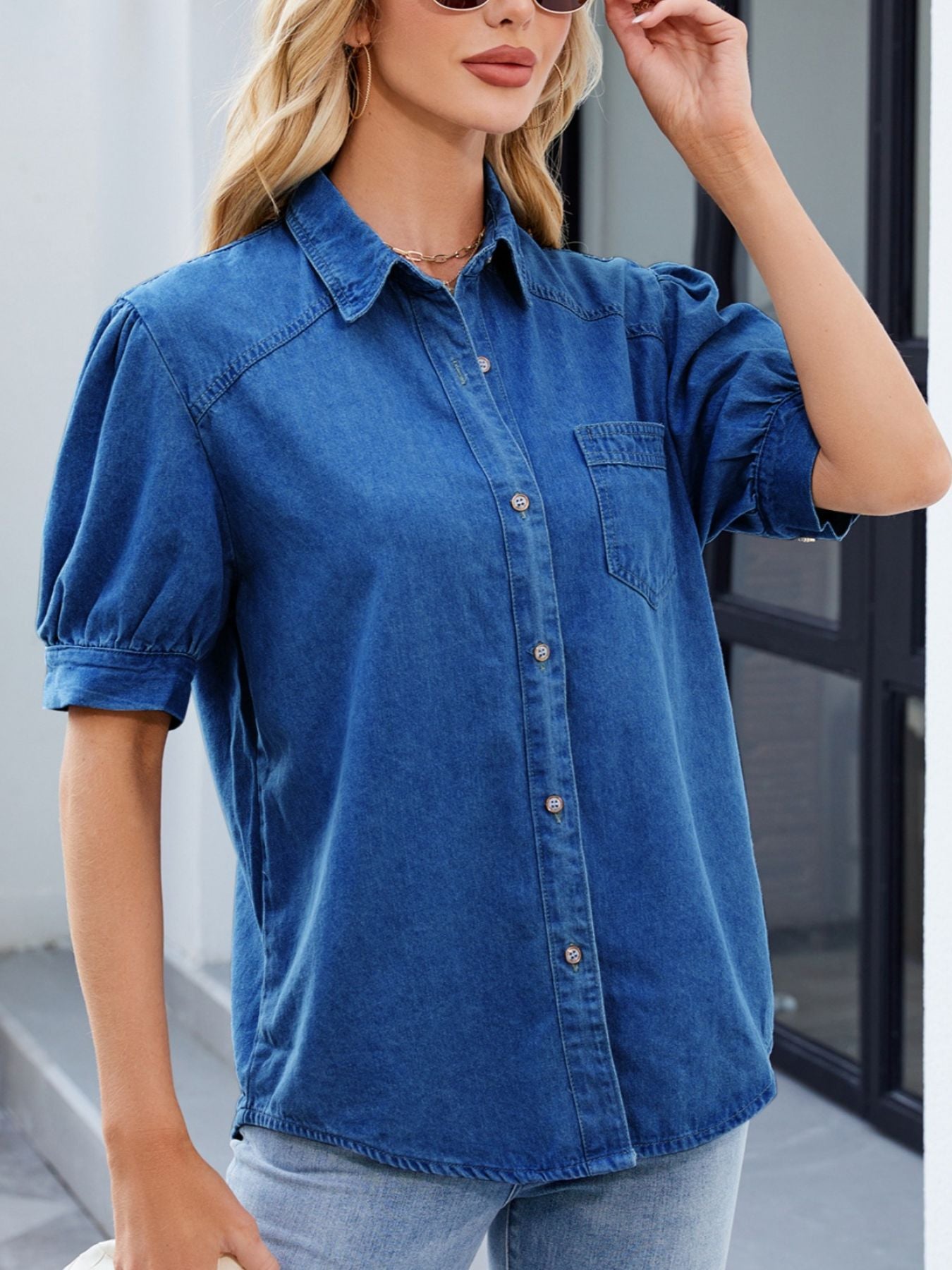 Puff Sleeve Button-Down Denim Shirt -