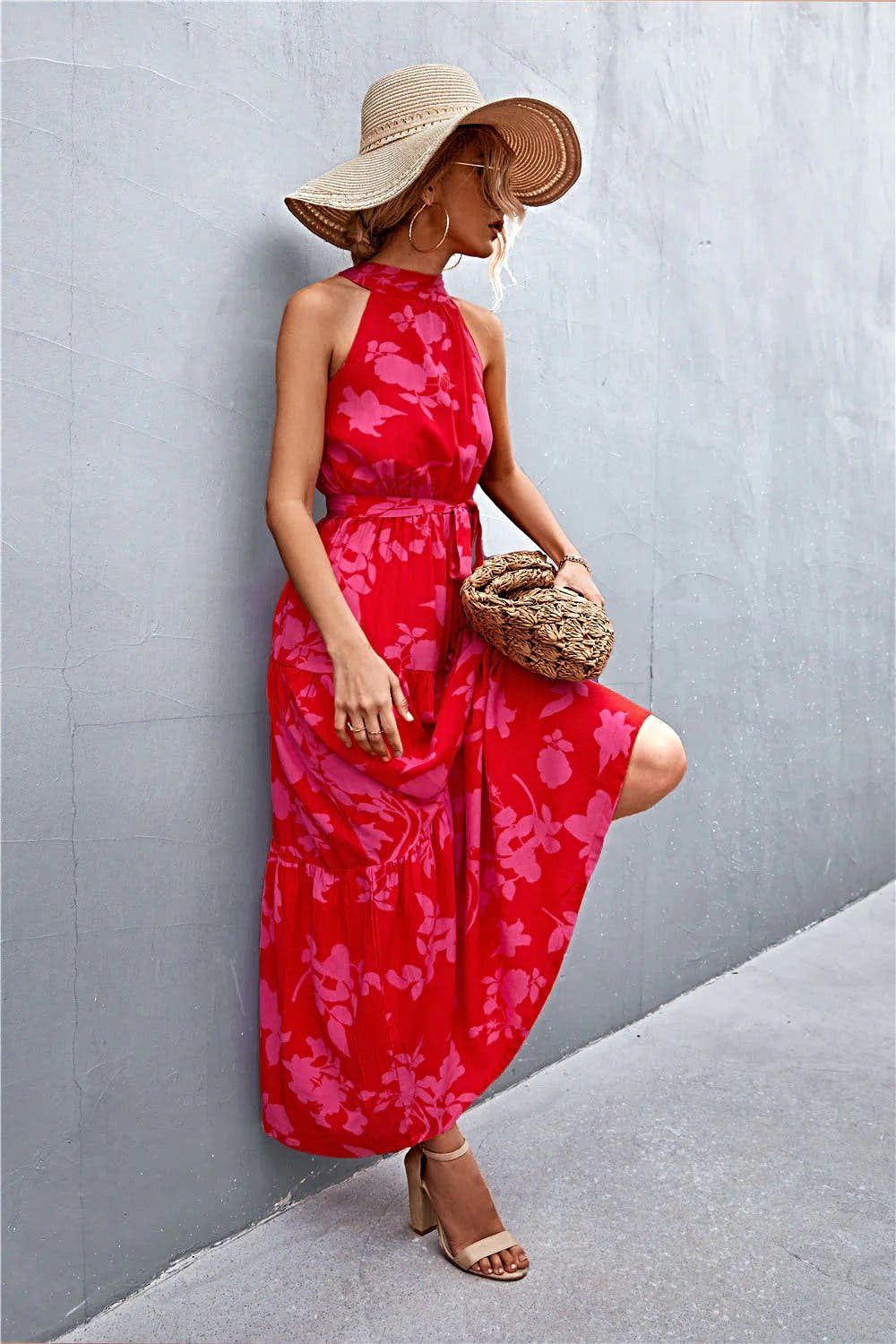 Grecian Printed Tie Waist Maxi Dress with Sleeveless Design and Polka Dot Floral Pattern Trendsi