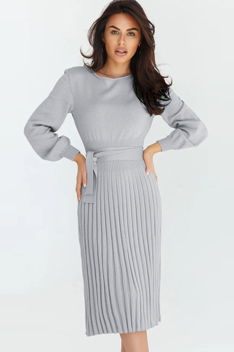 Round Neck Long Sleeve Pleated Sweater Dress -