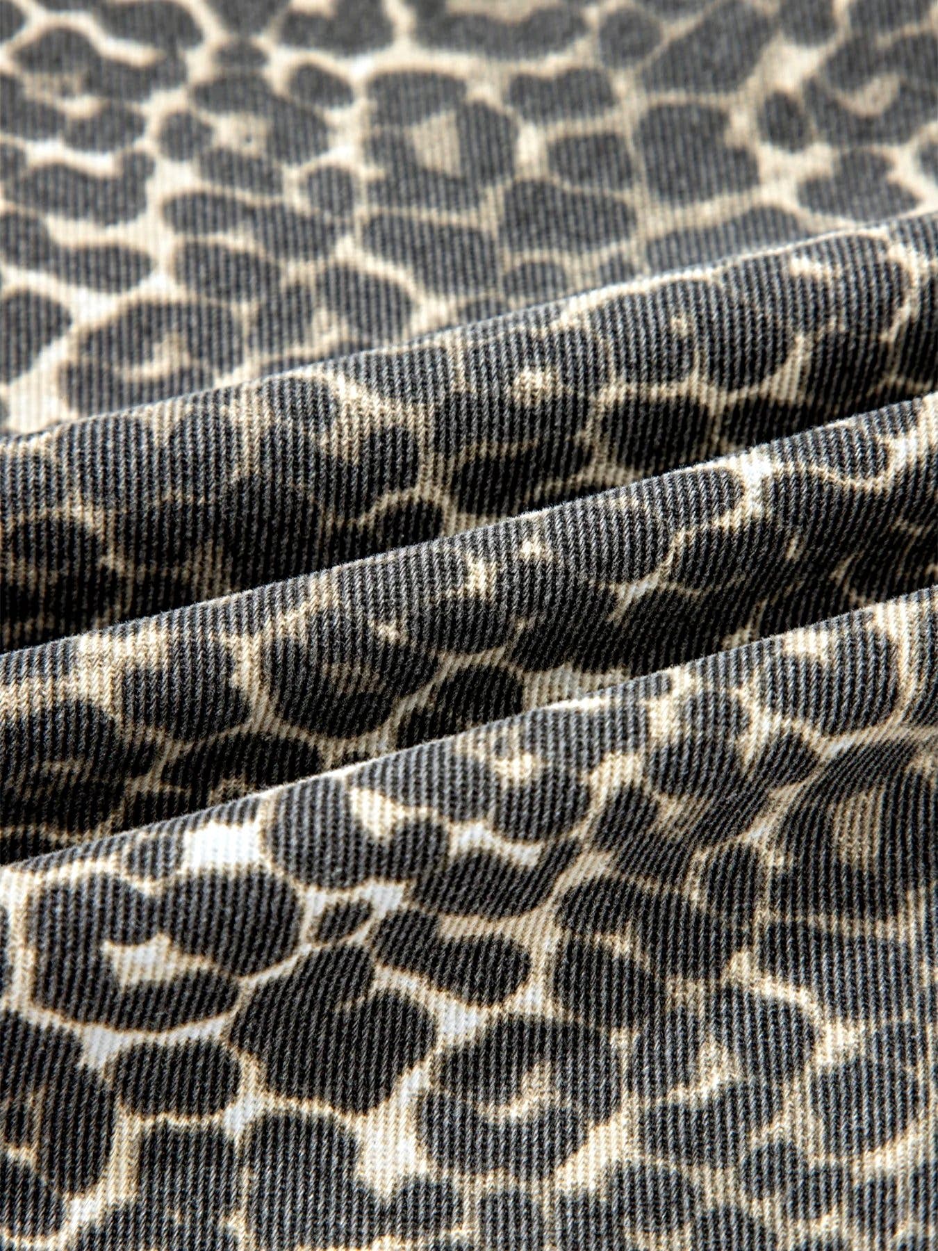 Leopard Print Short Sleeve Denim Shirt -