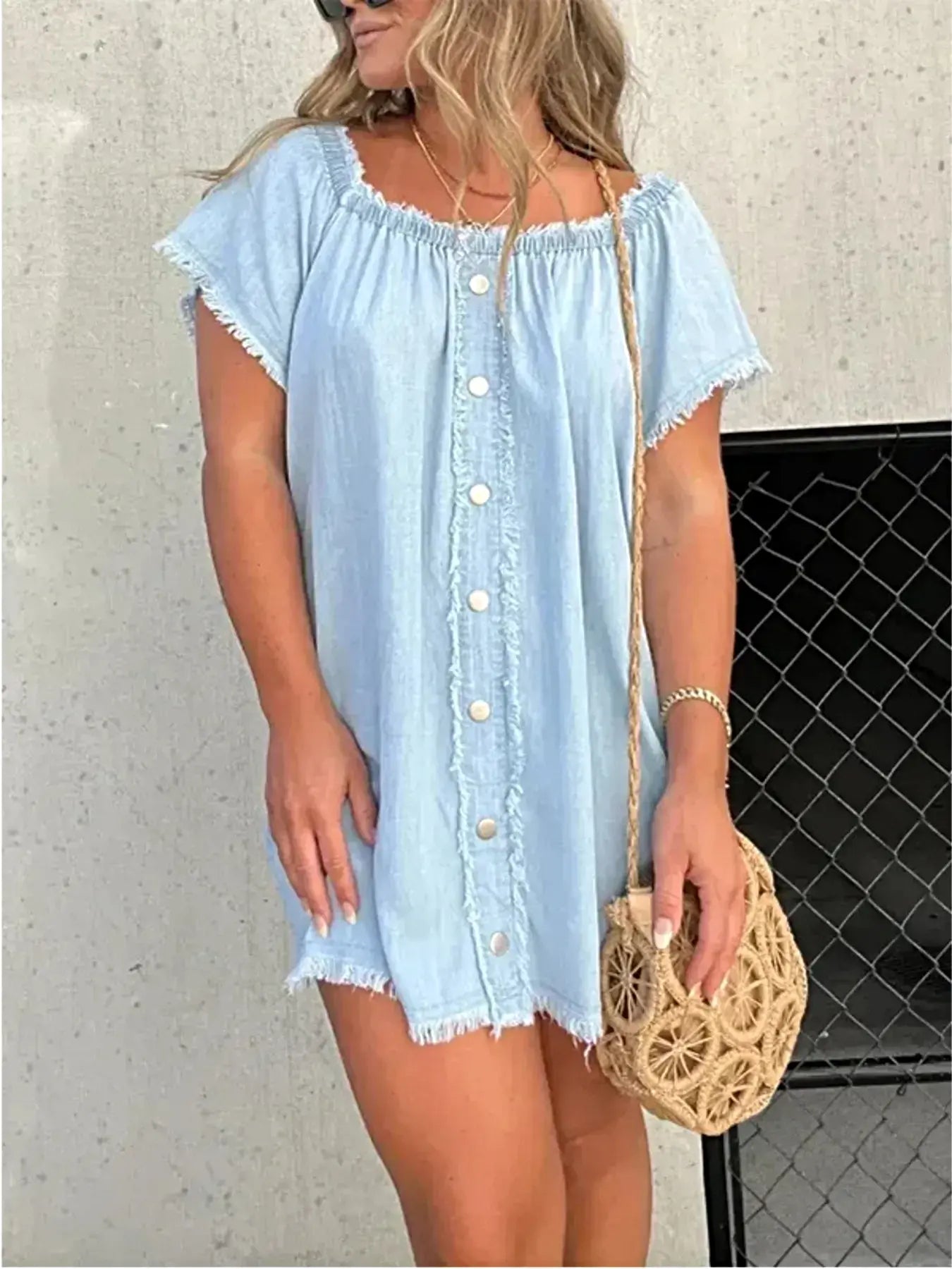 Full Size Raw Hem Mini Denim Dress Plus Size -
