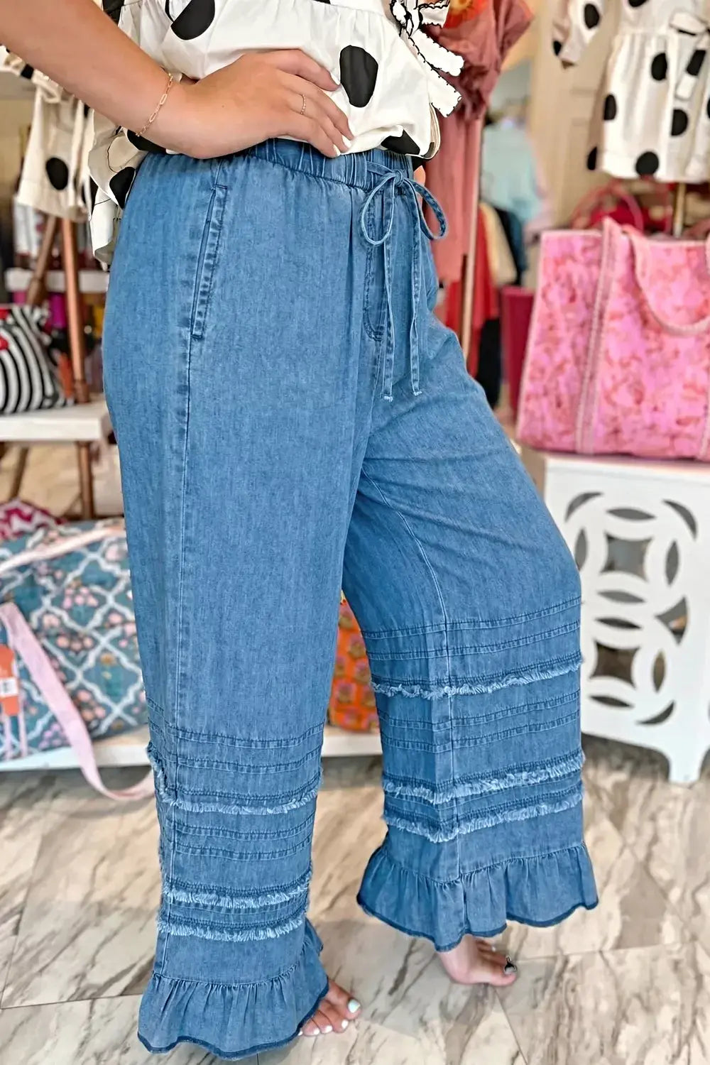 Ruffled Hem Wide Leg Chambray Pants -