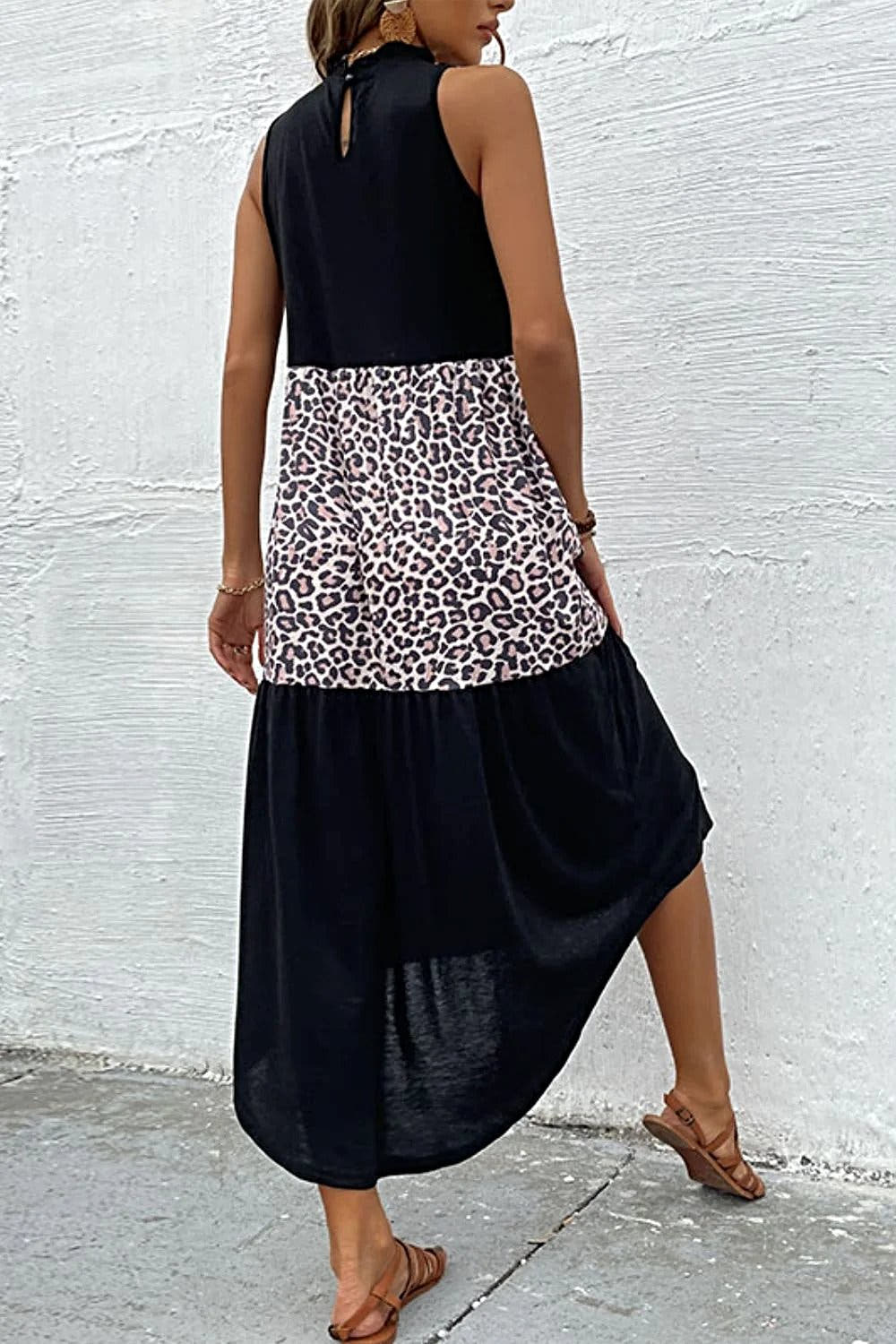 Perfee Leopard Contrast Sleeveless Maxi Dress -