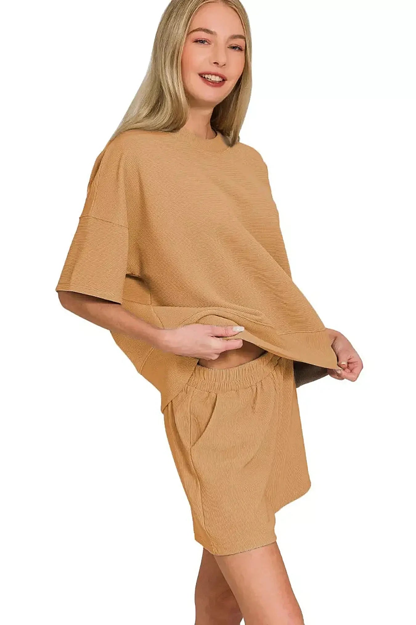 Zenana Ribbed Round Neck Waist Banded Tee & Shorts Set -