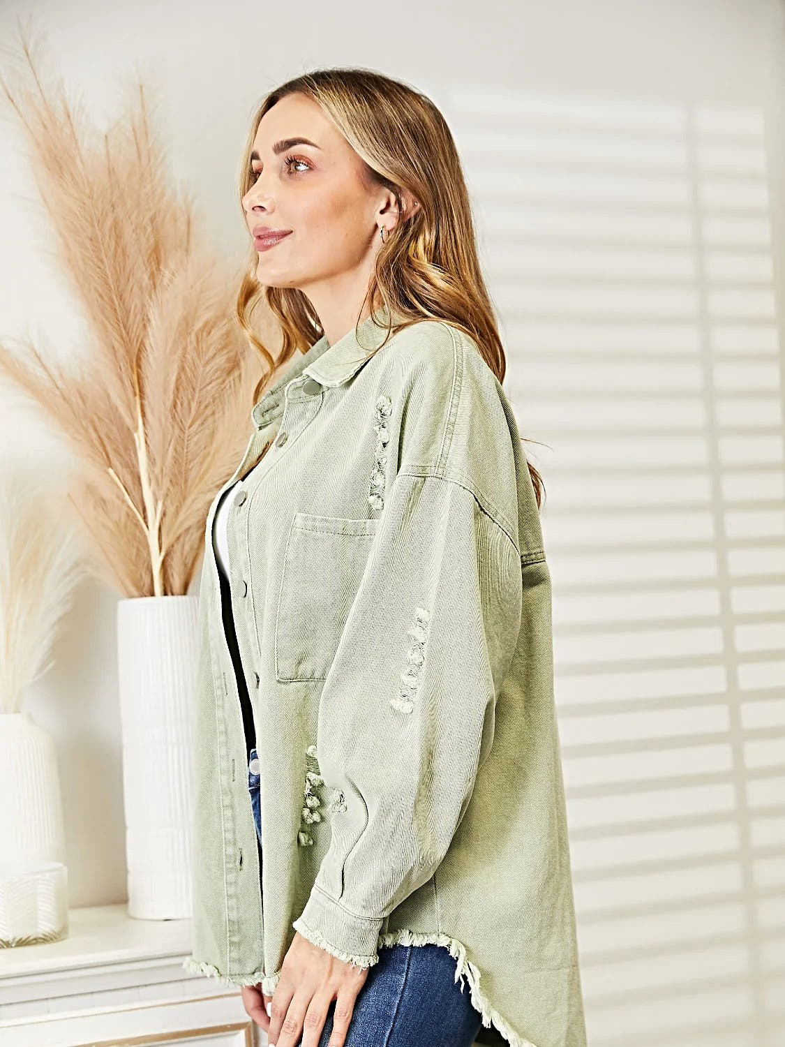 Distressed Raw Hem Denim Jacket -