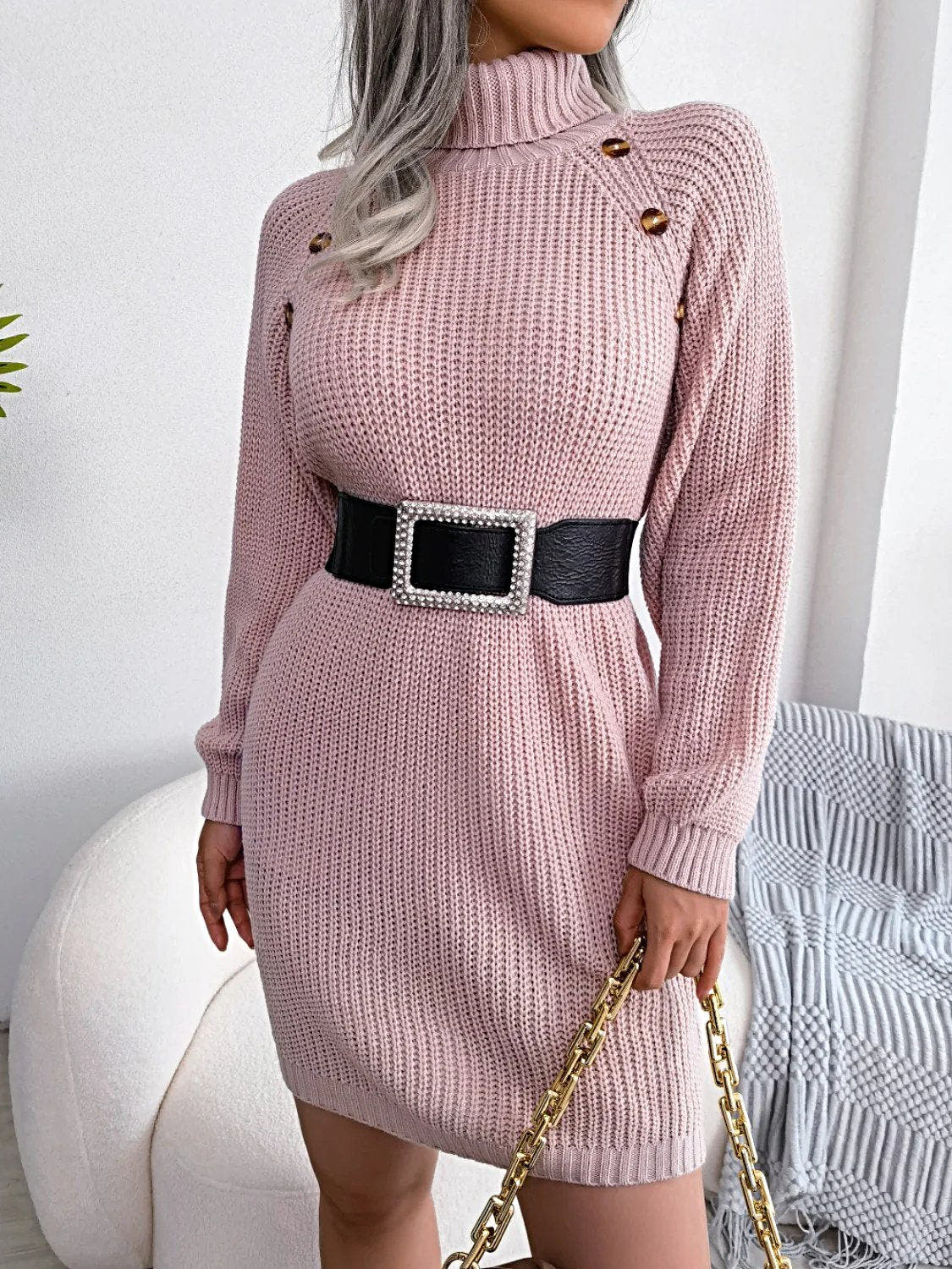 Elegant Decorative Sweater Dress with Buttons - 100% Acrylic, Moderate Stretch, Machine Washable Trendsi