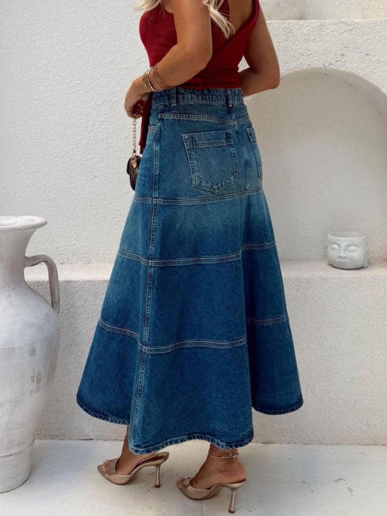 Luxury High-Waisted Denim Skirt with Belted Detail, Non-Stretch 95% Rayon Blend, Elegant Fit -