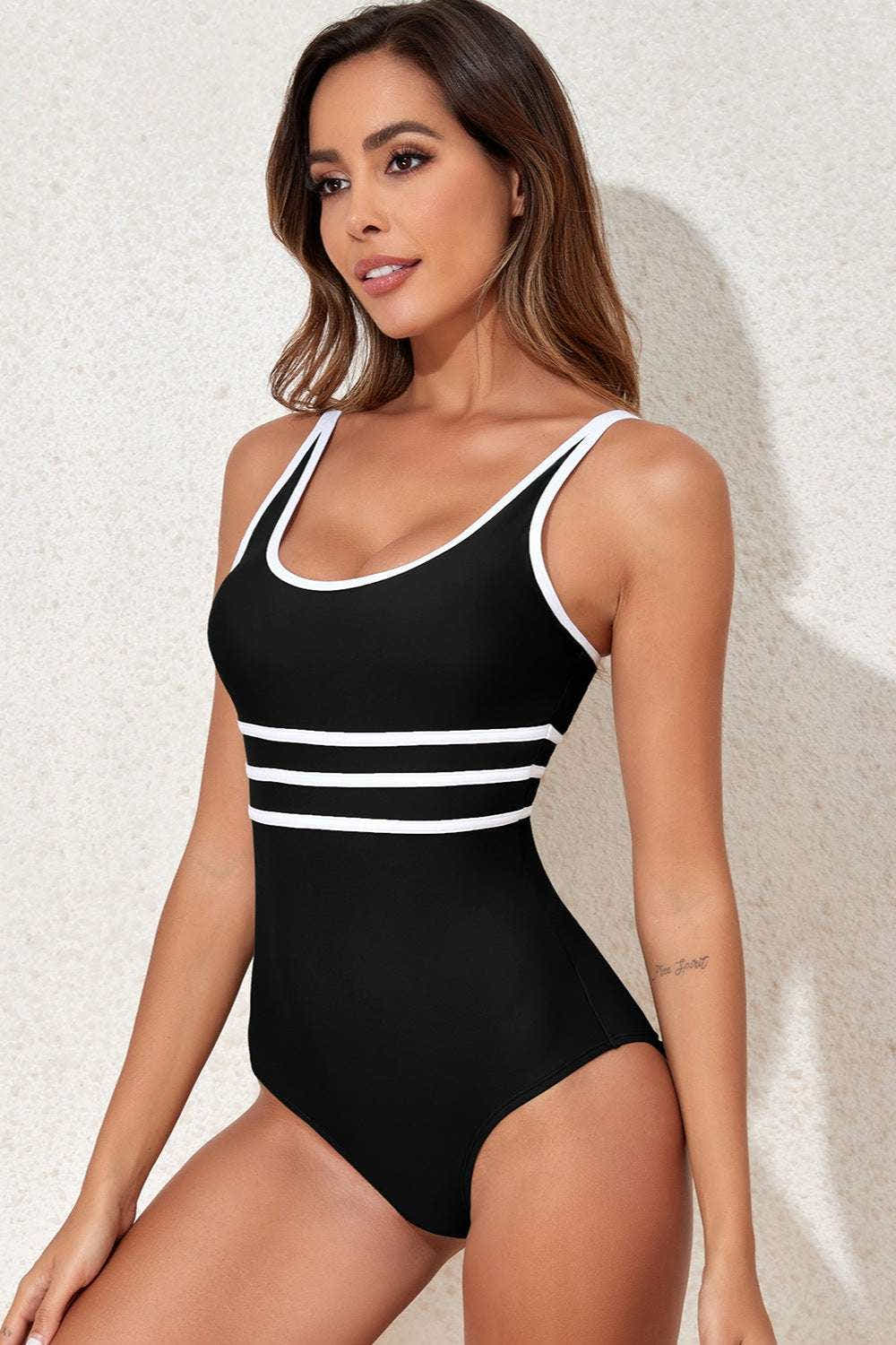 Contrast Trim Scoop Neck One-Piece Swimwear Trendsi