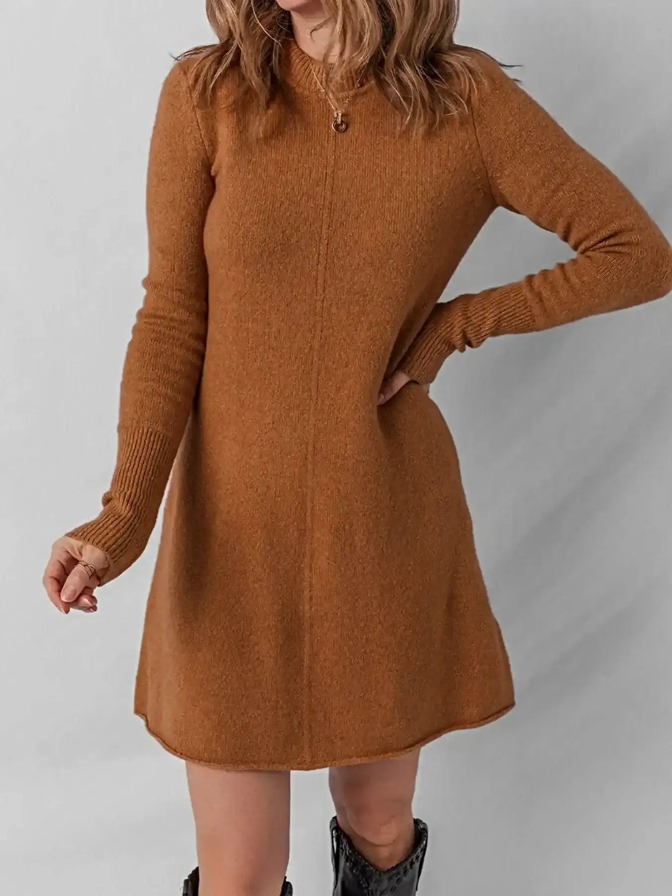 Ribbed Detail Solid Color Mini Sweater Dress -